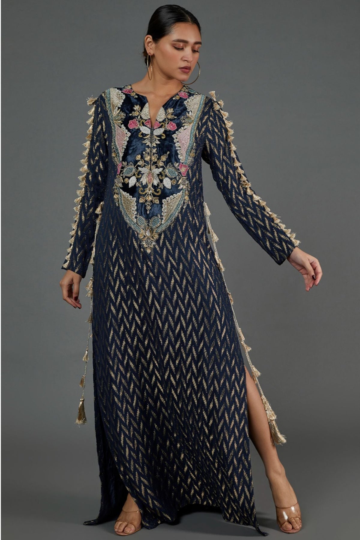 NAVY DASH IKAT BANARASI GEORGETTE EMBROIDERED YOKE KAFTAN WITH ORGANZA DETAILED SLEEVES