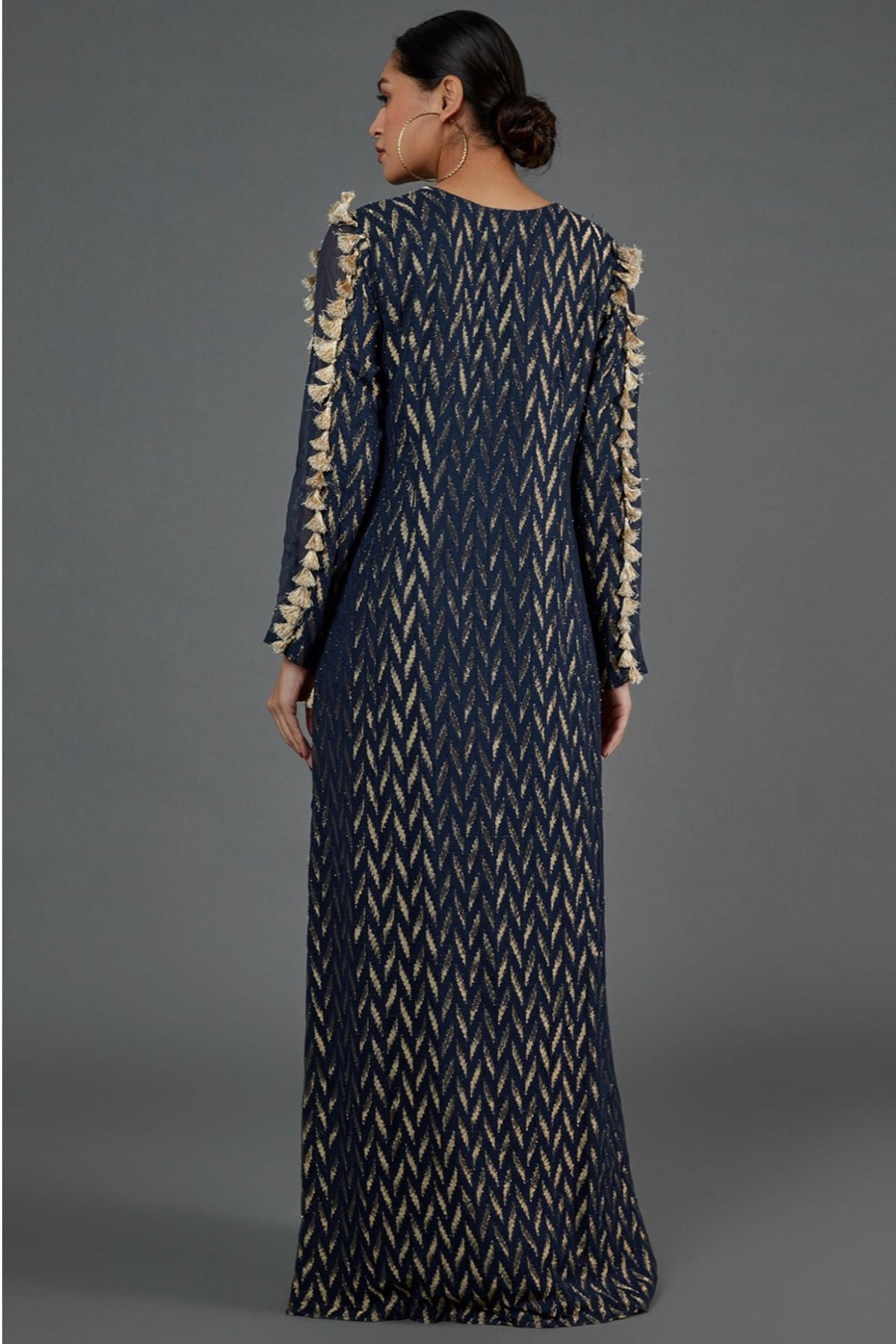 NAVY DASH IKAT BANARASI GEORGETTE EMBROIDERED YOKE KAFTAN WITH ORGANZA DETAILED SLEEVES