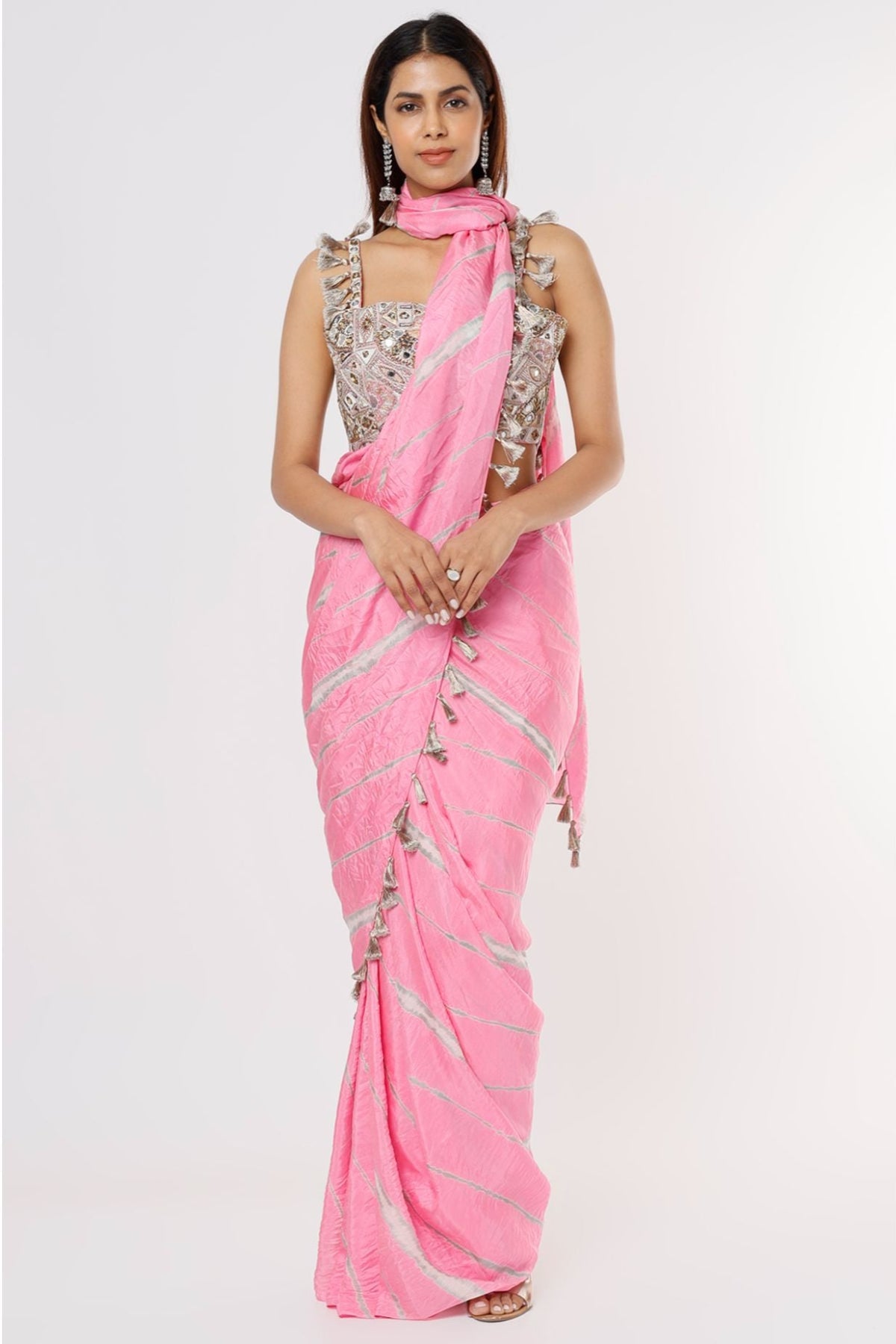 PINK GEORGETTE EMBROIDERED CHOLI WITH PINK LEHERIYA BANDHANI SILK PRE-STICHED SAREE