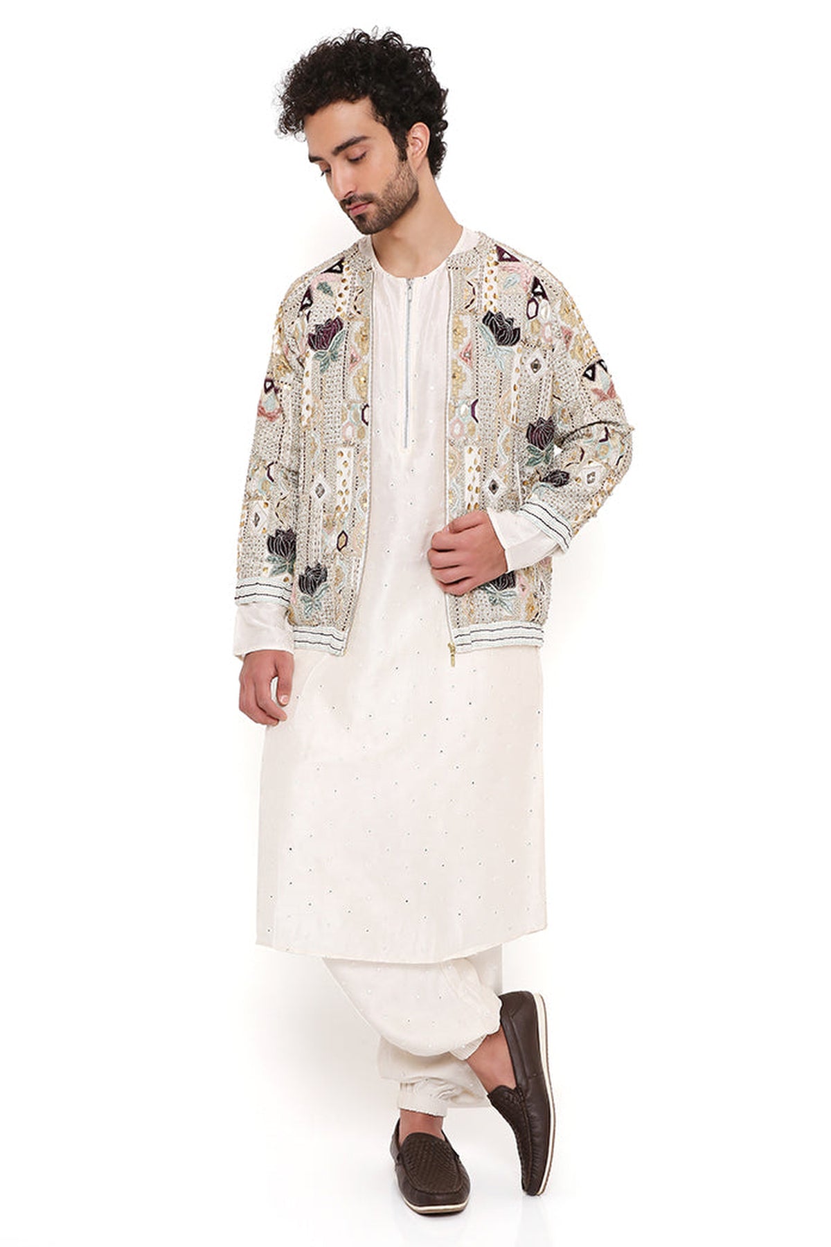 RAJ OFF WHITE GEORGETTE EMBROIDERED BOMBER JACKET WITH ABLA SILK BOMBER KURTA AND JOGGER PANT