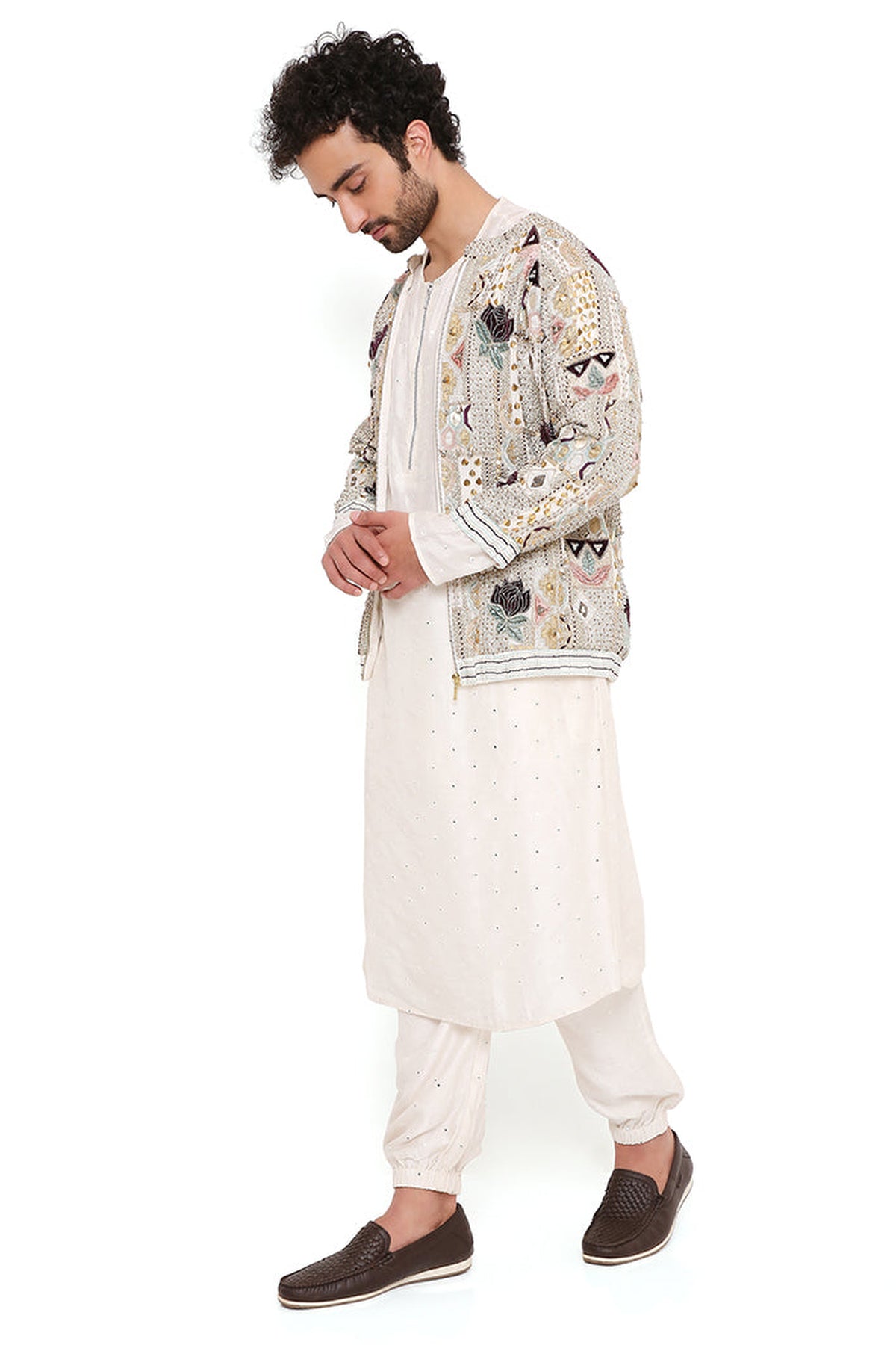 RAJ OFF WHITE GEORGETTE EMBROIDERED BOMBER JACKET WITH ABLA SILK BOMBER KURTA AND JOGGER PANT