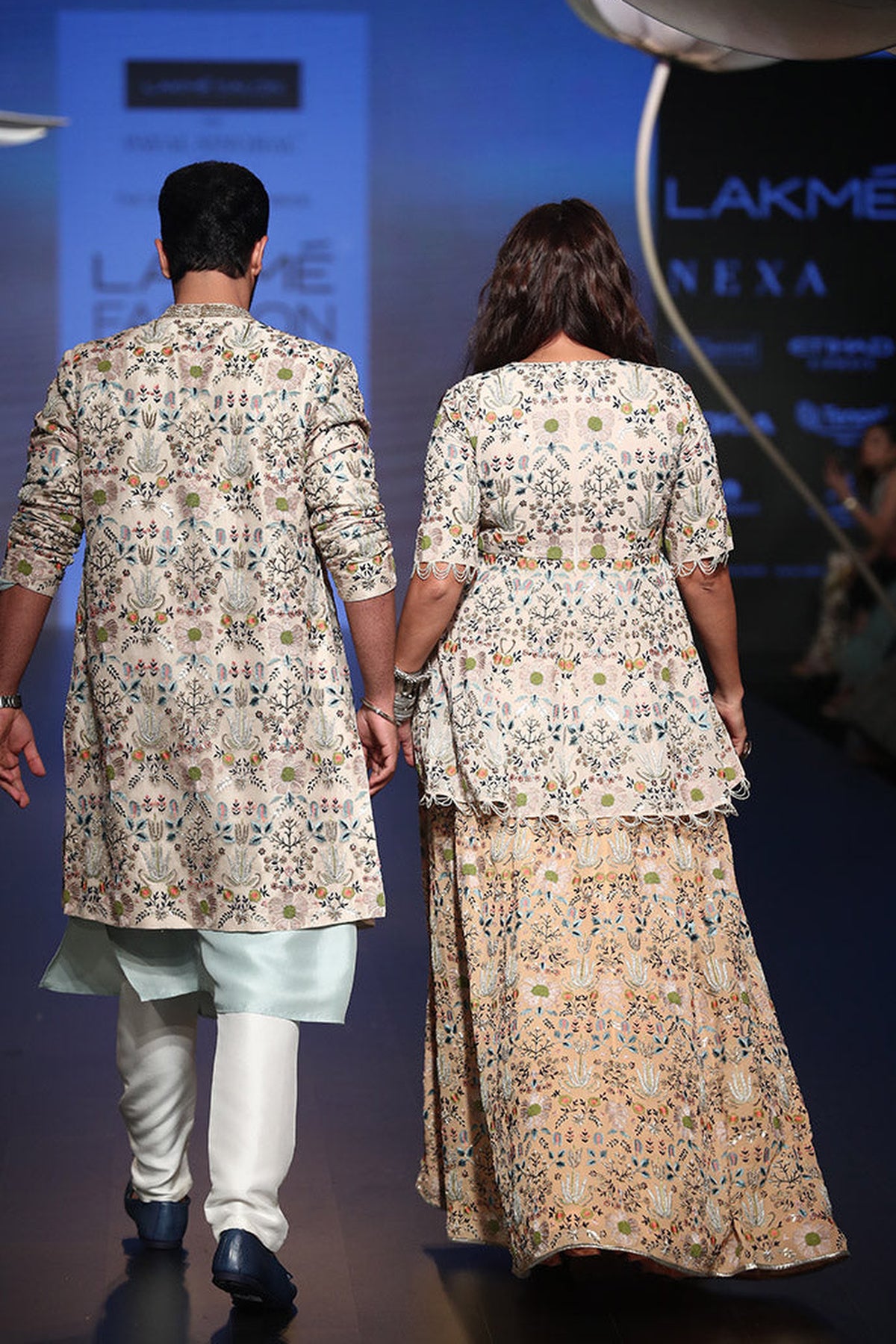 Neha Dupia and TAHIR in ICE BLUE SILK KURTA WITH OFF WHITE SILK PANT AND STONE ORGANZA JACKET