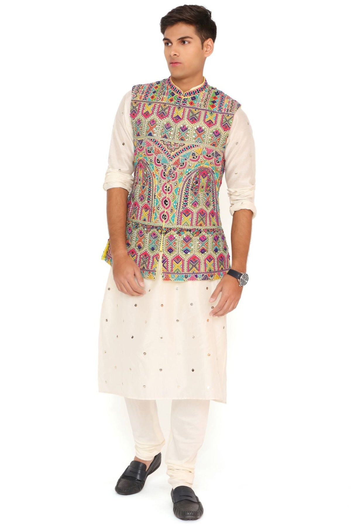 YELLOW GEORGETTE EMBROIDERED BANDI WITH OFF WHITE MUKAISH SILKMUL KURTA AND COTTON SILK CHURIDAR