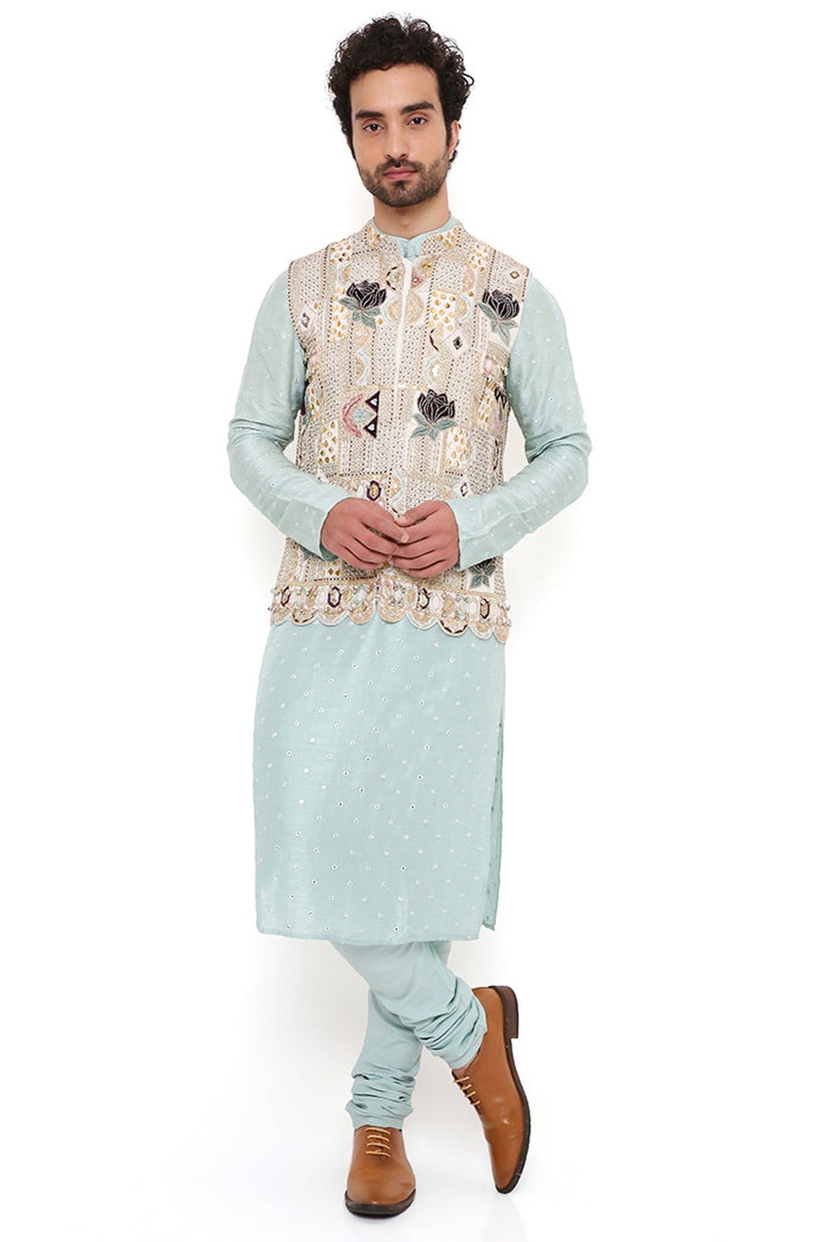 KIAAN OFF WHITE GEORGETTE EMBROIDERED BANDI WITH AQUA ABLA SILK KURTA AND OFF WHITE COTTON SILK CHURIDAR