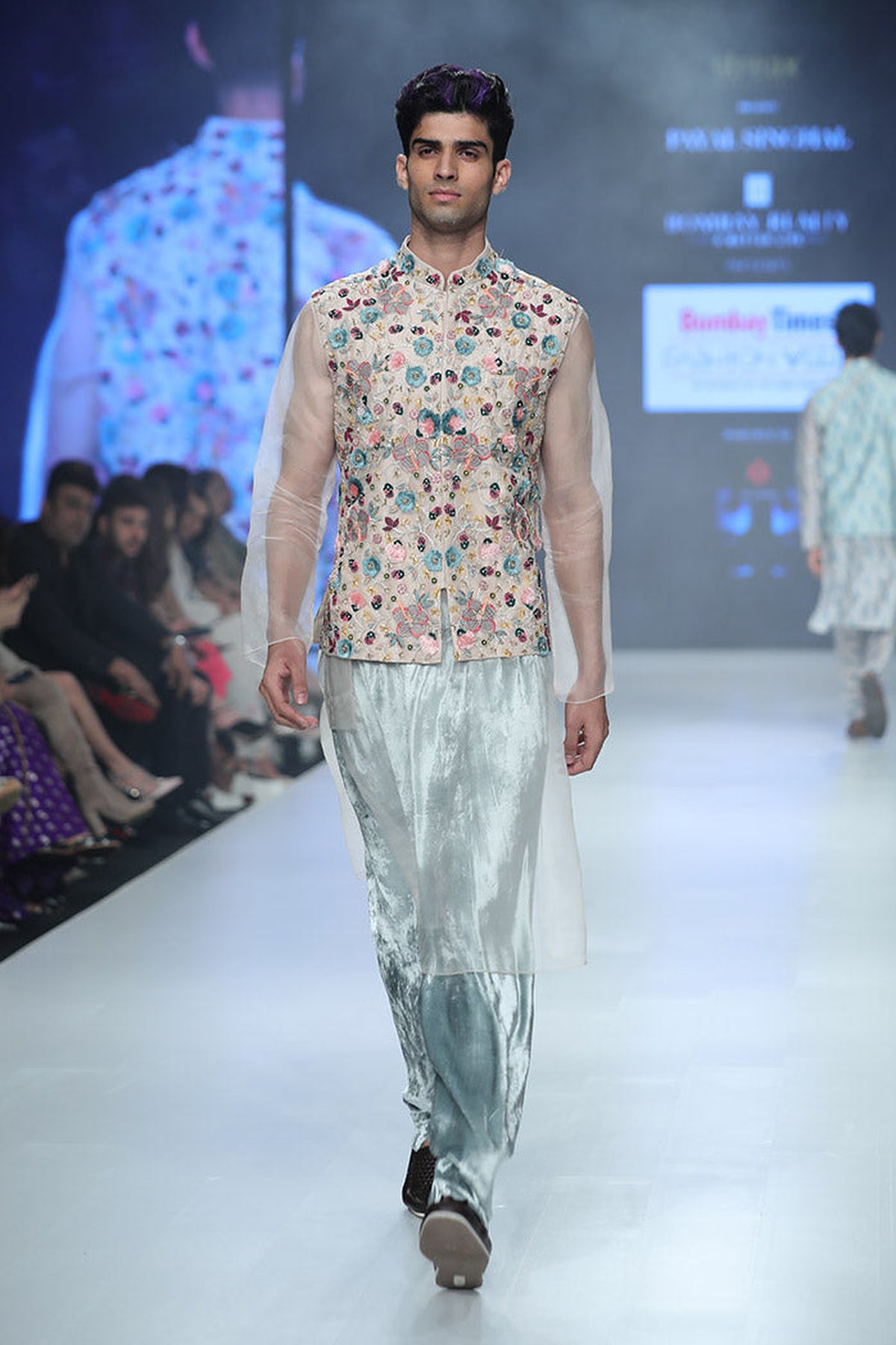 AYAN STONE ORGANZA BANDI WITH KURTA AND PERIWINKLE BLUE VELVET LOW CROTCH PANT