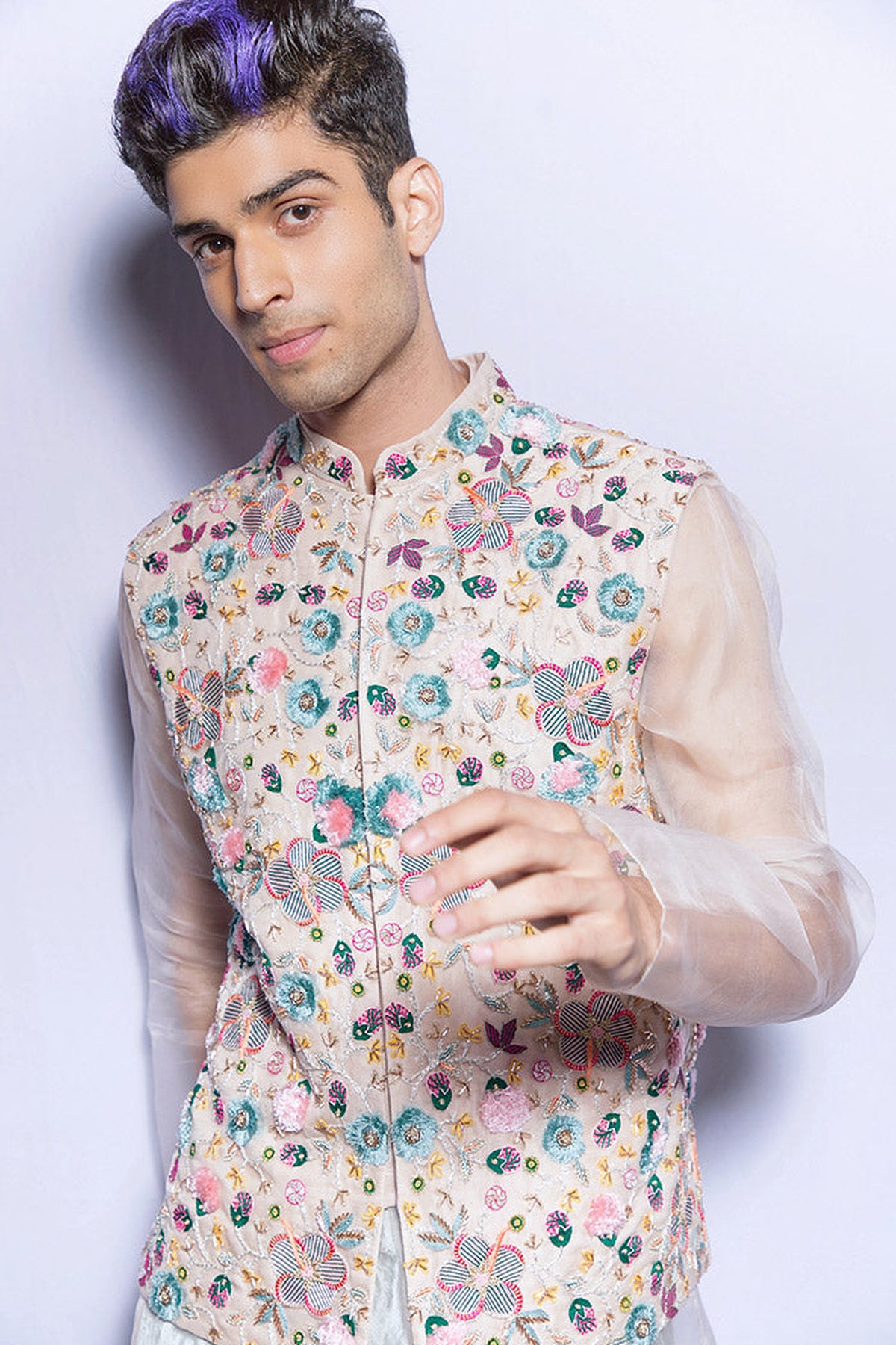 AYAN STONE ORGANZA BANDI WITH KURTA AND PERIWINKLE BLUE VELVET LOW CROTCH PANT