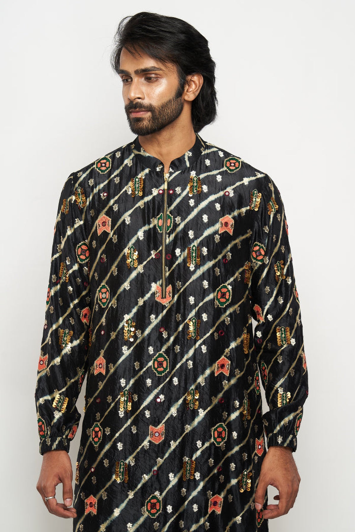 NAZIR BLACK COLOUR LEHERIYA BANDHANI SILK EMBROIDERED BOMBER KURTA AND JOGGER PANTS