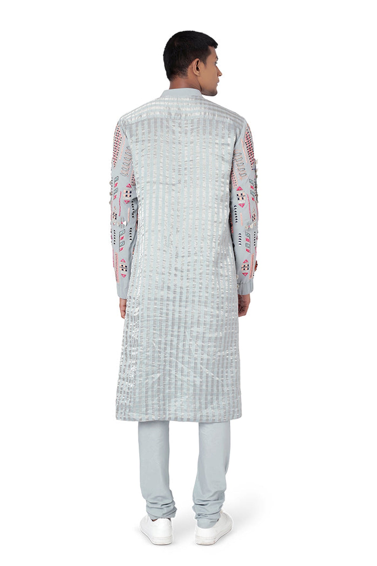 PALE BLUE COLOUR GEORGETTE AND CHANDERI STRIPE KURTA WITH COTTON SILK CHURIDAR