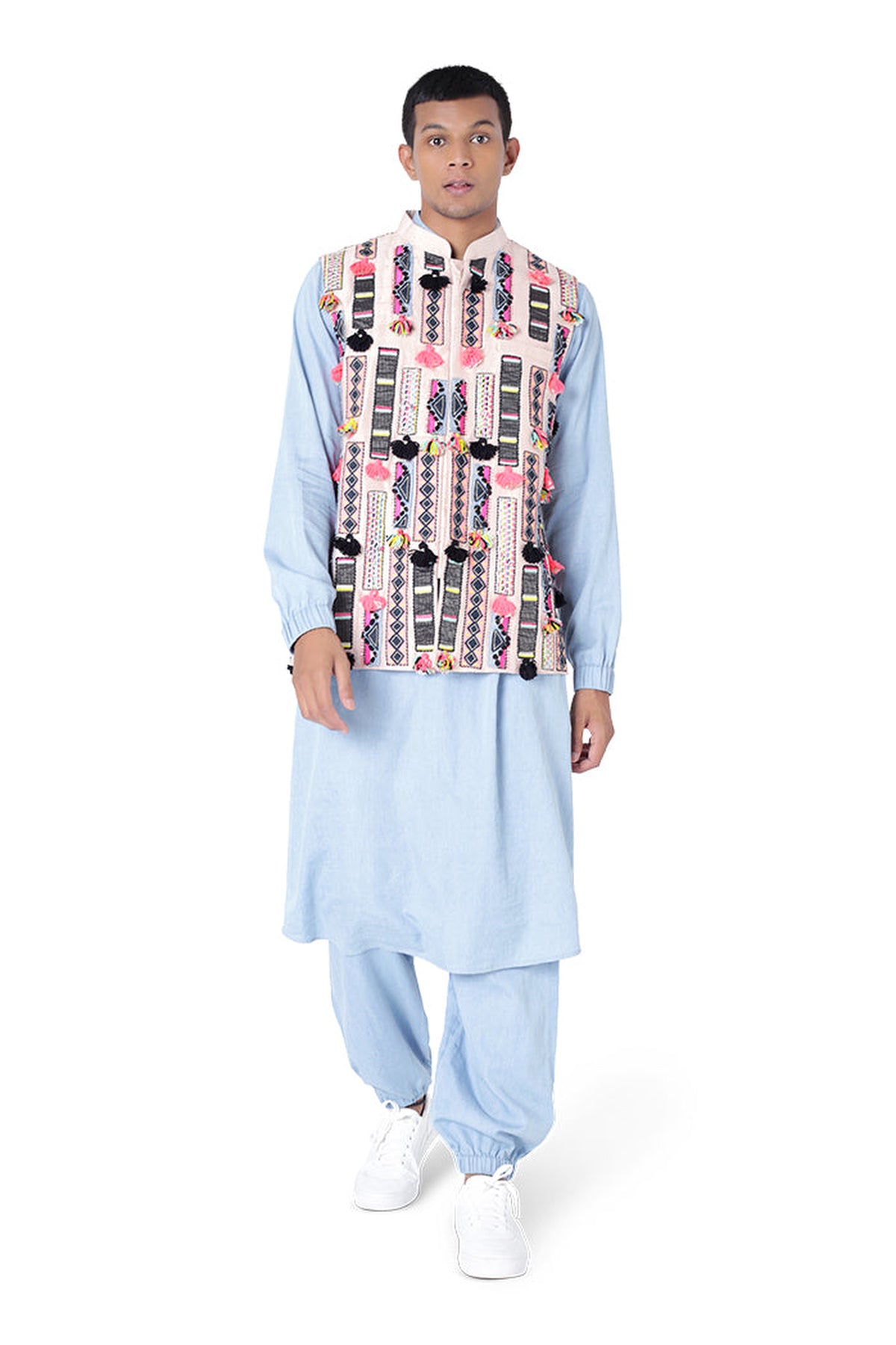 STONE COLOUR DUPION SILK BANDI WITH BLUE COLOUR DENIM BOMBER KURTA AND JOGGER PANT