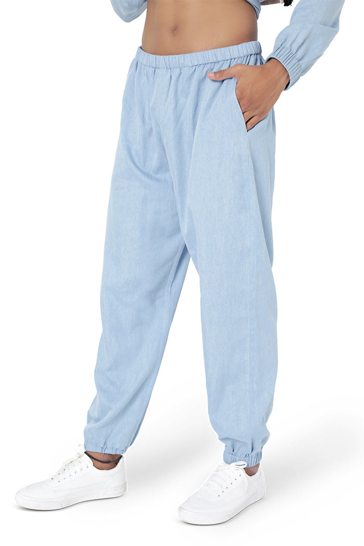 STONE COLOUR DUPION SILK BANDI WITH BLUE COLOUR DENIM BOMBER KURTA AND JOGGER PANT