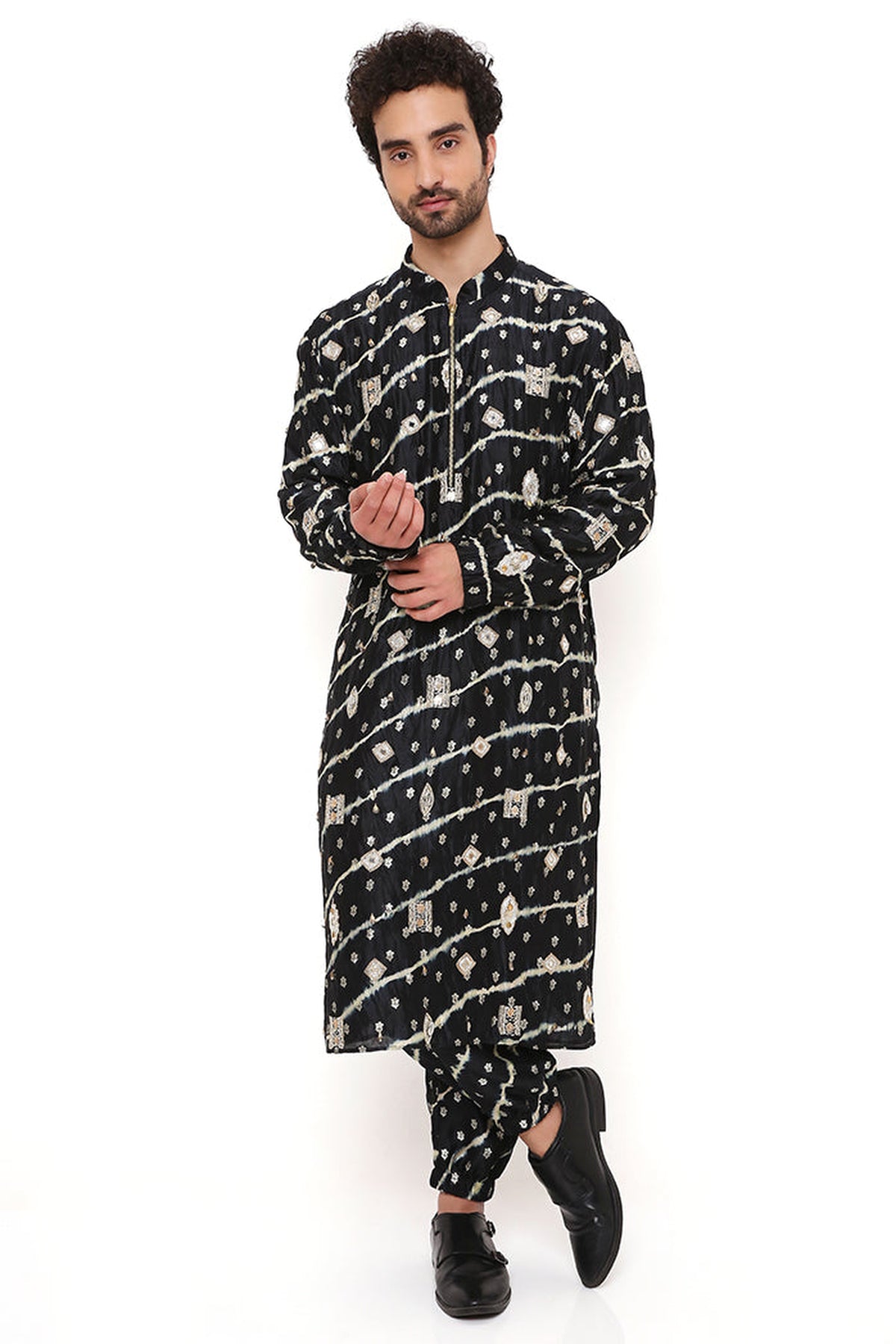BLACK LEHERIYA BANDHANI SILK EMBROIDERED BOMBER KURTA WITH JOGGER PANT