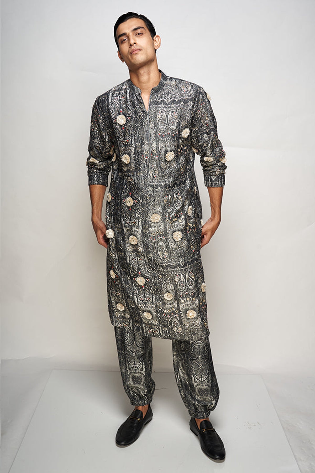 PS MEN YAZIR PRINTED DUPION SILK EMBROIDERED JOGGER KURTA WITH JOGGER PANTS
