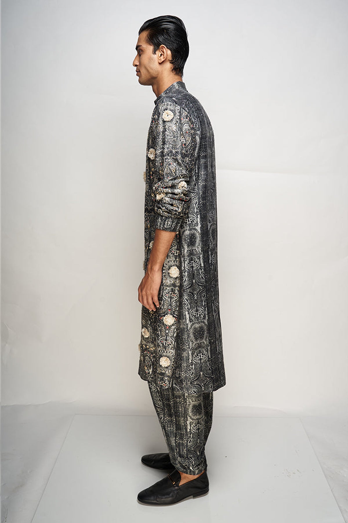 PS MEN YAZIR PRINTED DUPION SILK EMBROIDERED JOGGER KURTA WITH JOGGER PANTS
