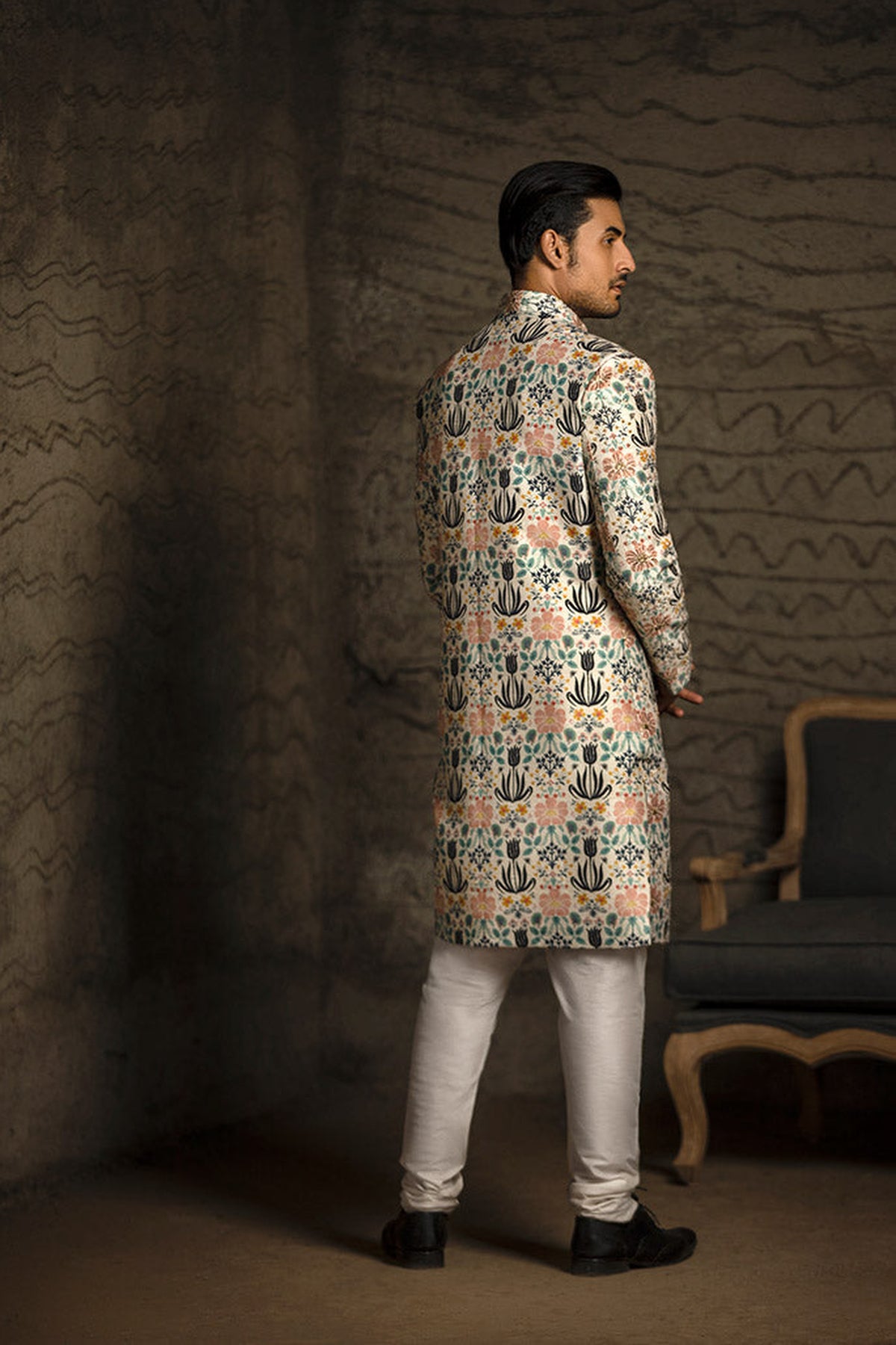 CREAM PRINTED DUPION SILK SHERWANI WITH OFF WHITE COTTON SILK CHURIDAR