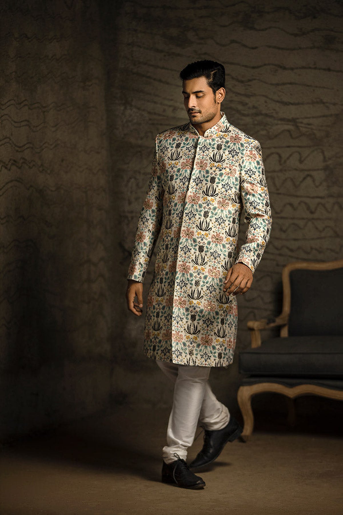 CREAM PRINTED DUPION SILK SHERWANI WITH OFF WHITE COTTON SILK CHURIDAR