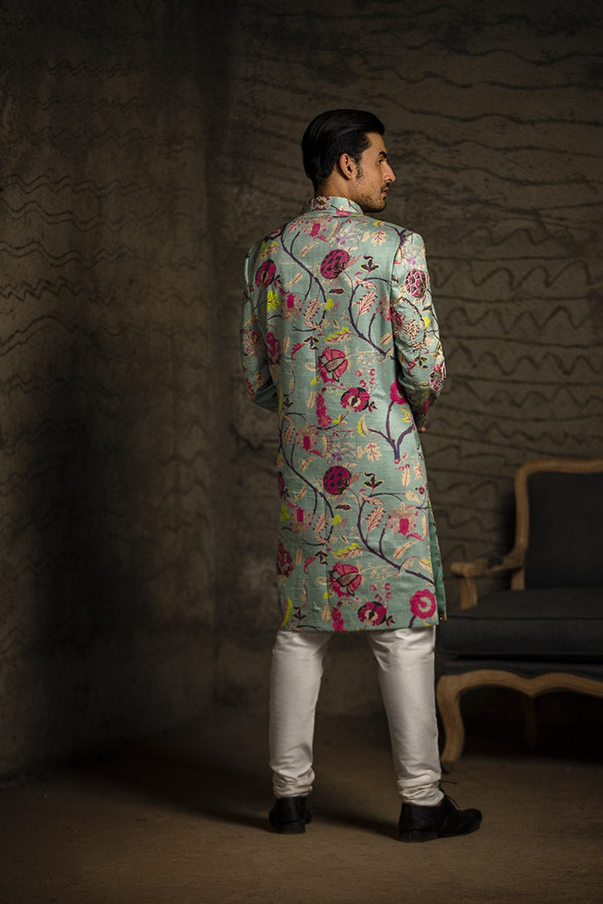 AQUA PRINTED DUPION SILK SHERWANI WITH OFF WHITE COTTON SILK CHURIDAR