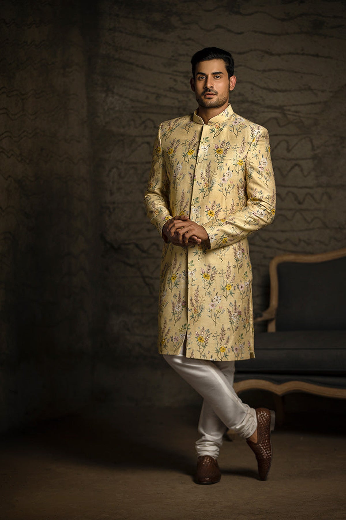 YELLOW PRINTED DUPION SILK SHERWANI WITH OFF WHITE COTTON SILK CHURIDAR