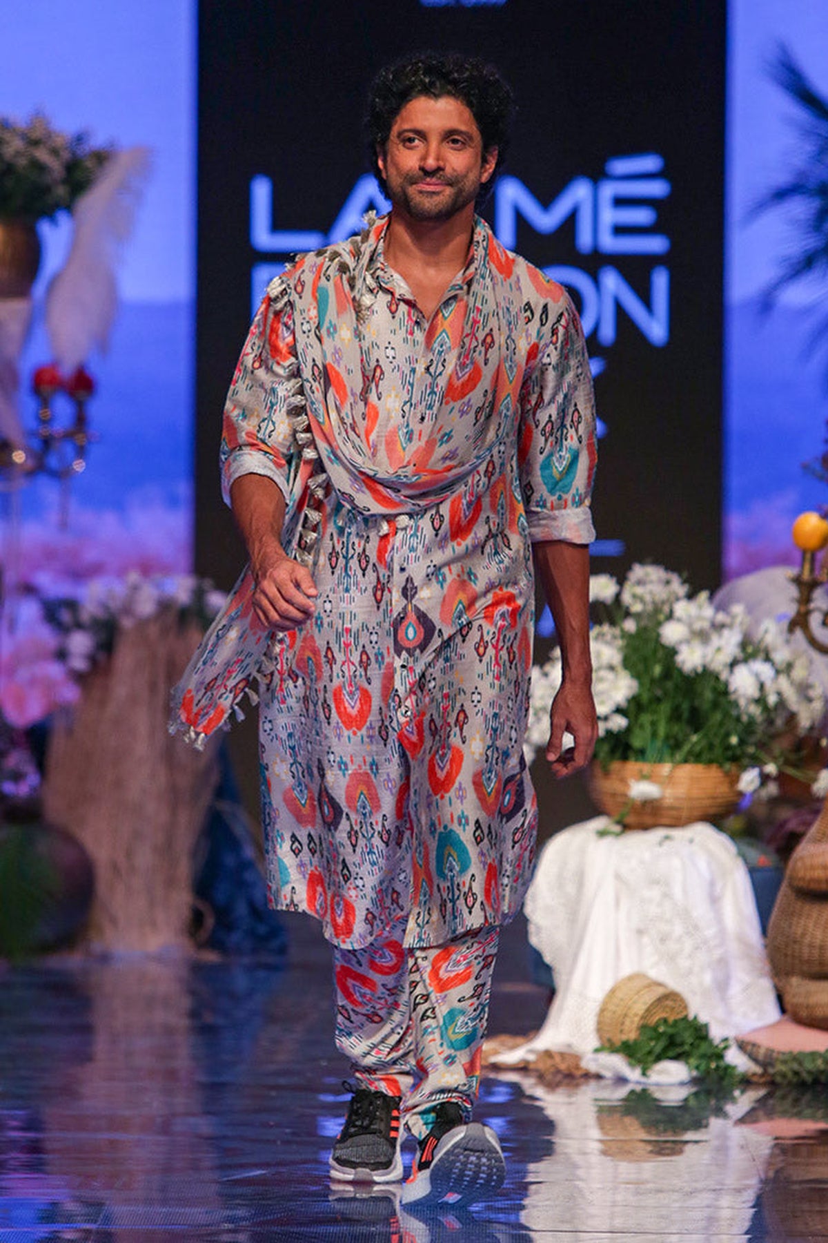 FARHAN in STONE PRINTED DUPION SILK KURTA AND CHURIDAR WITH GEORGETTE DUPATTA