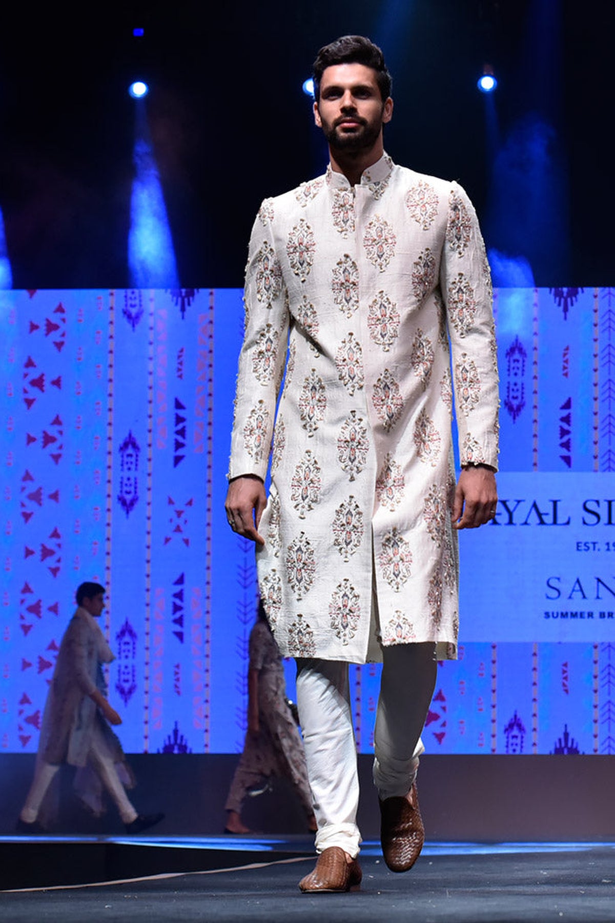 REYHAN CREAM PRINTED DUPION SILK SHERWANI WITH OFF WHITE COTTON SILK CHURIDAR