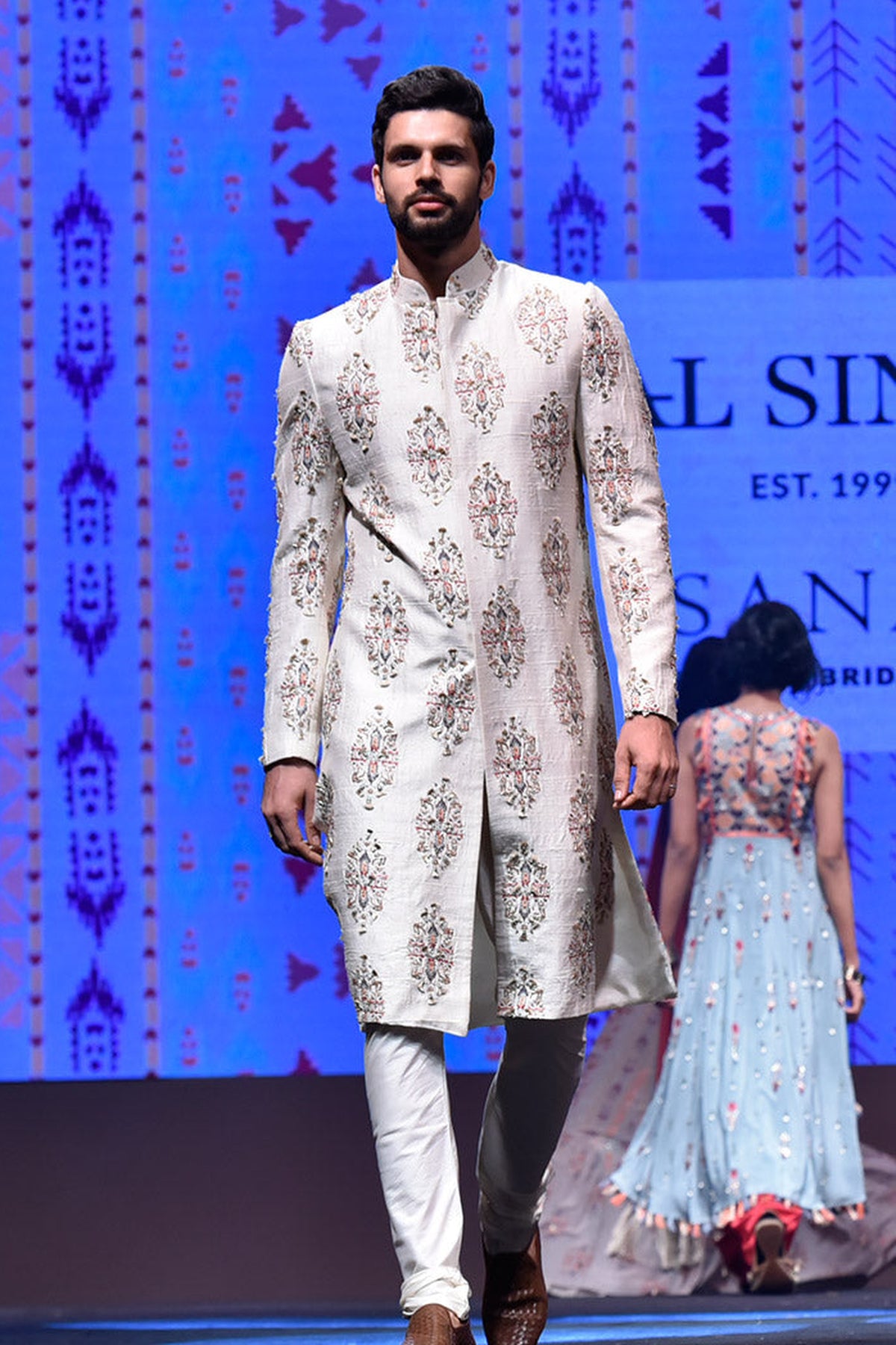 REYHAN CREAM PRINTED DUPION SILK SHERWANI WITH OFF WHITE COTTON SILK CHURIDAR