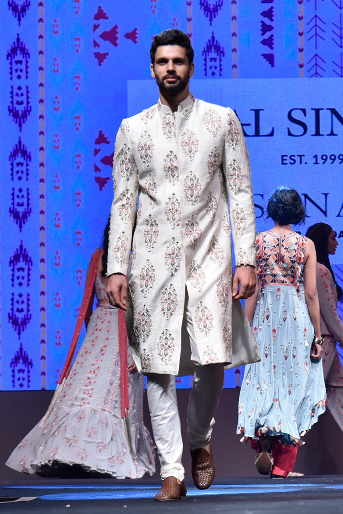 REYHAN CREAM PRINTED DUPION SILK SHERWANI WITH OFF WHITE COTTON SILK CHURIDAR