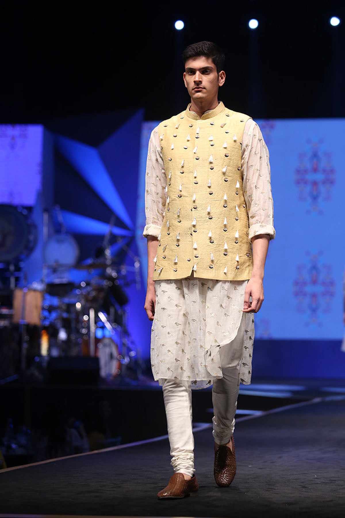 ASLAN CREAM ORGANZA KURTA WITH PALE YELLOW DUPION SILK BANDI AND OFF-WHITE COTTON SILK CHURIDAR