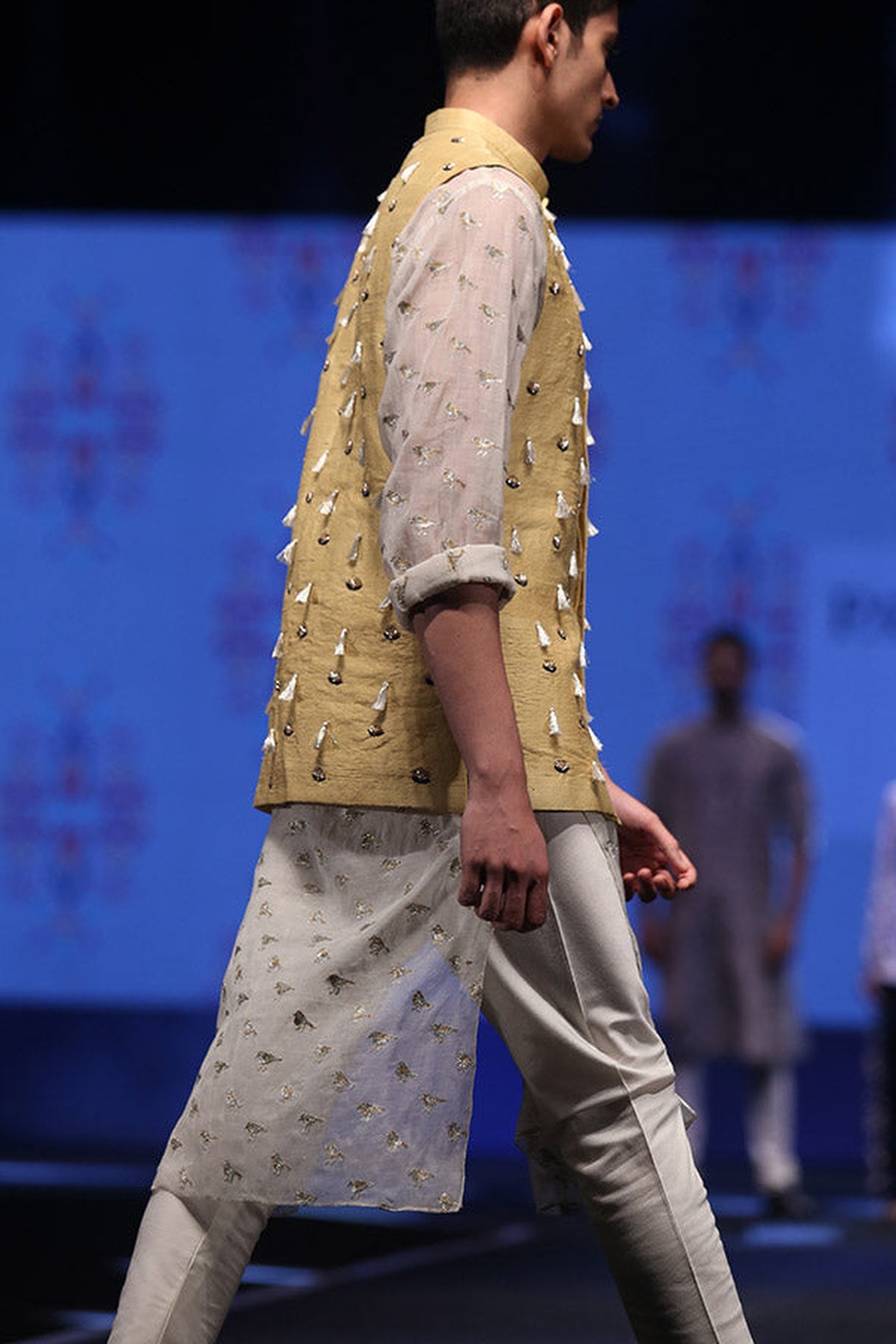 ASLAN CREAM ORGANZA KURTA WITH PALE YELLOW DUPION SILK BANDI AND OFF-WHITE COTTON SILK CHURIDAR