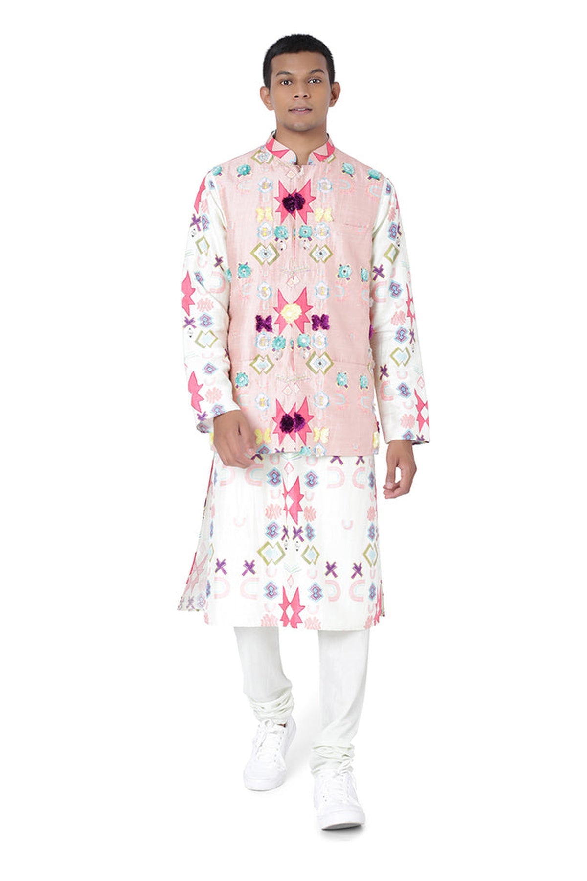 PINK COLOUR PRINTED DUPION SILK BANDI WITH WHITE COLOUR PRINTED SILKMUL KURTA AND OFF WHITE COLOUR COTTON SILK CHURIDAR
