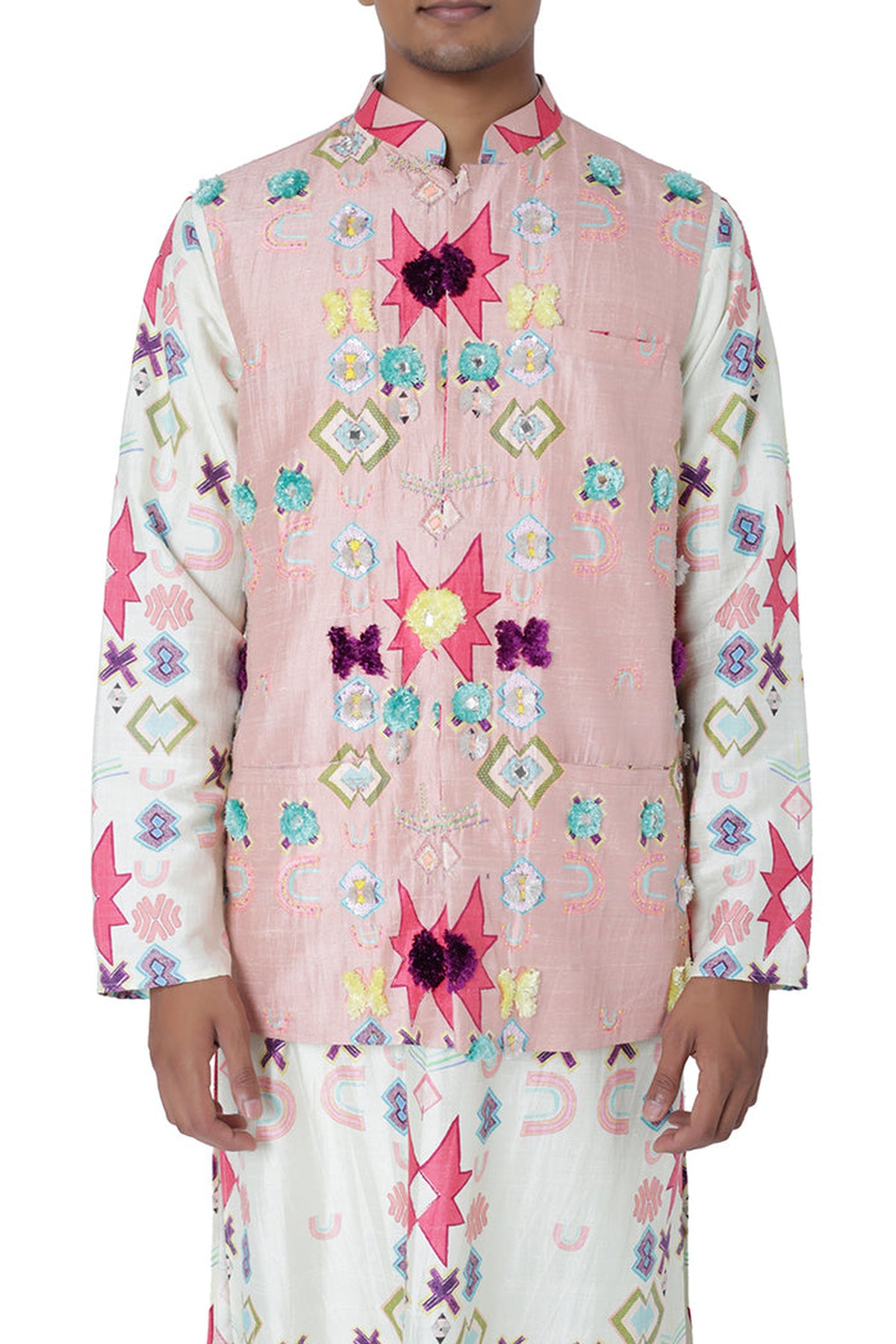 PINK COLOUR PRINTED DUPION SILK BANDI WITH WHITE COLOUR PRINTED SILKMUL KURTA AND OFF WHITE COLOUR COTTON SILK CHURIDAR