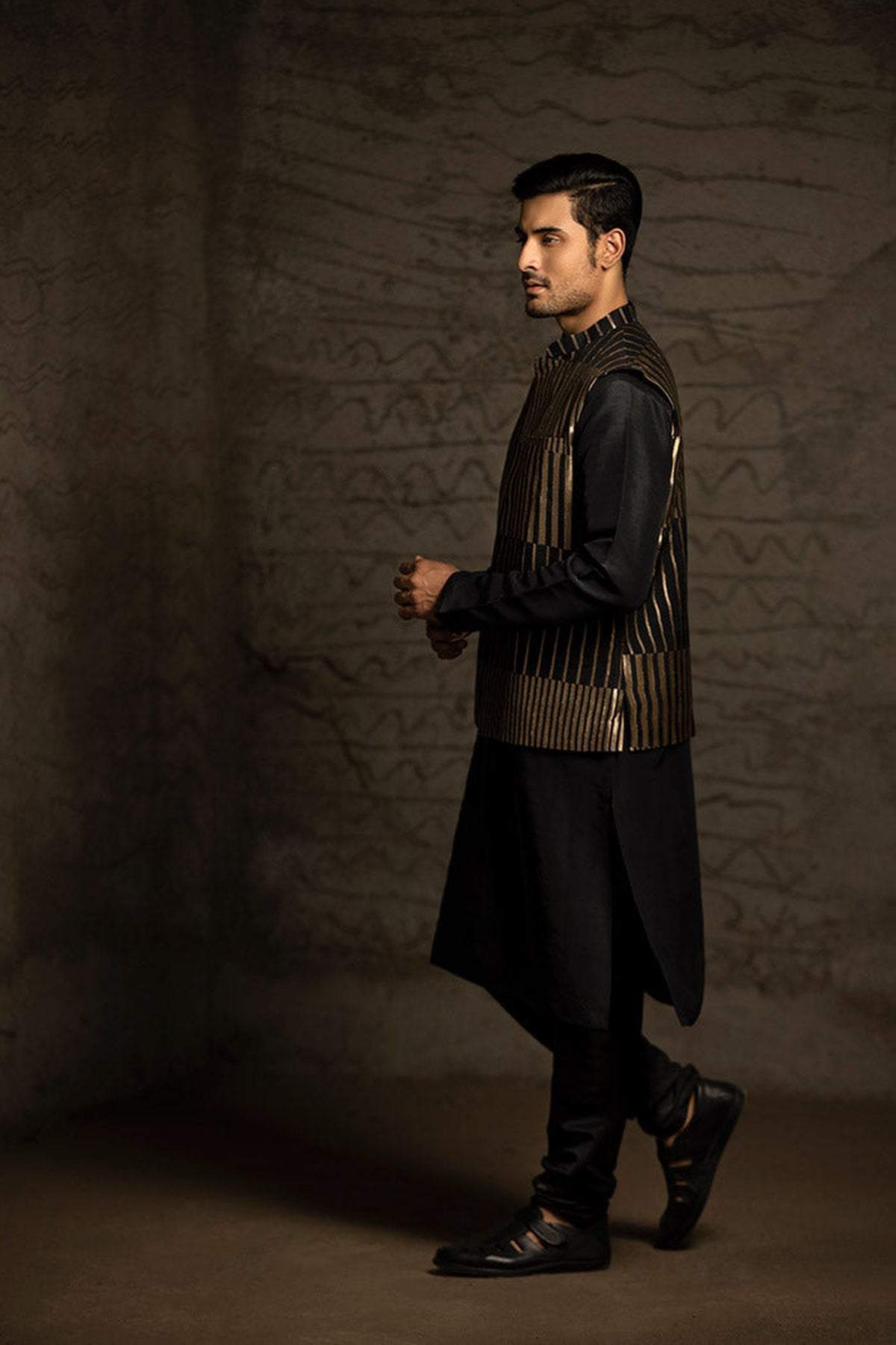 BLACK BROCADE BANDI WITH BLACK SILK KURTA AND COTTON SILK CHURIDAR