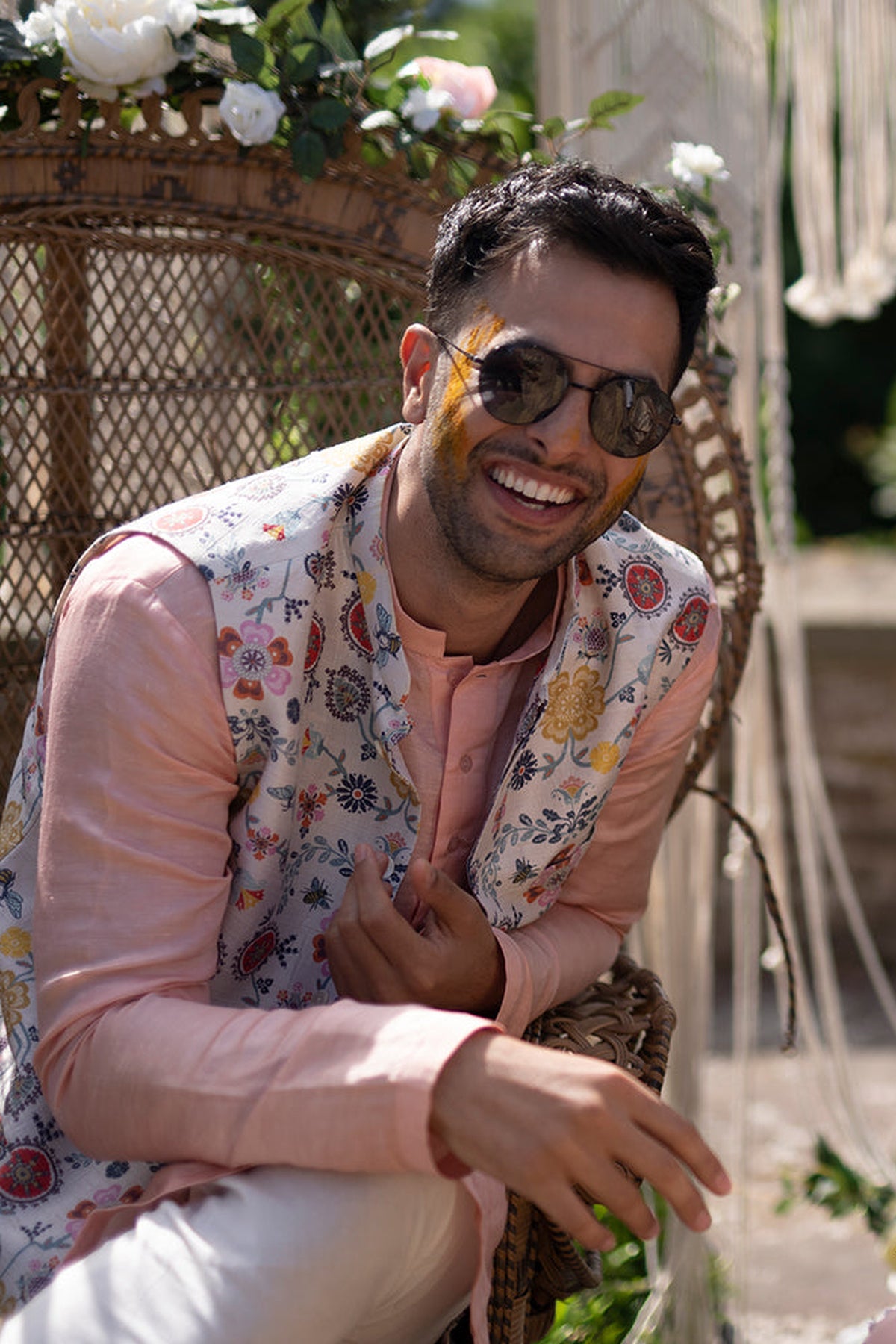 TAISH COLLECTION - CREAM COLOUR PRINTED DUPION SILK BANDI WITH ROSE PINK SILK KURTA AND OFF WHITE COTTON SILK CHURIDAR