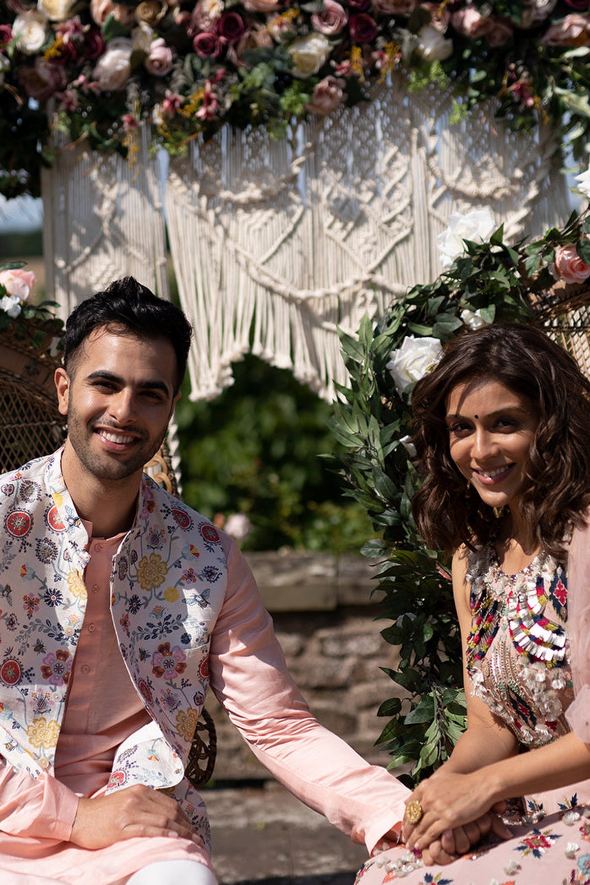 TAISH COLLECTION - CREAM COLOUR PRINTED DUPION SILK BANDI WITH ROSE PINK SILK KURTA AND OFF WHITE COTTON SILK CHURIDAR