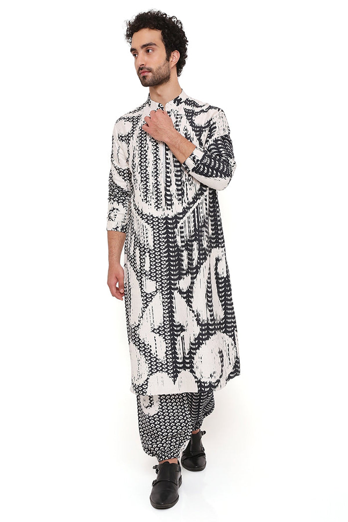 BLACK AND WHITE UZBEC PRINT DUPION SILK BOMBER KURTA WITH JOGGER PANT