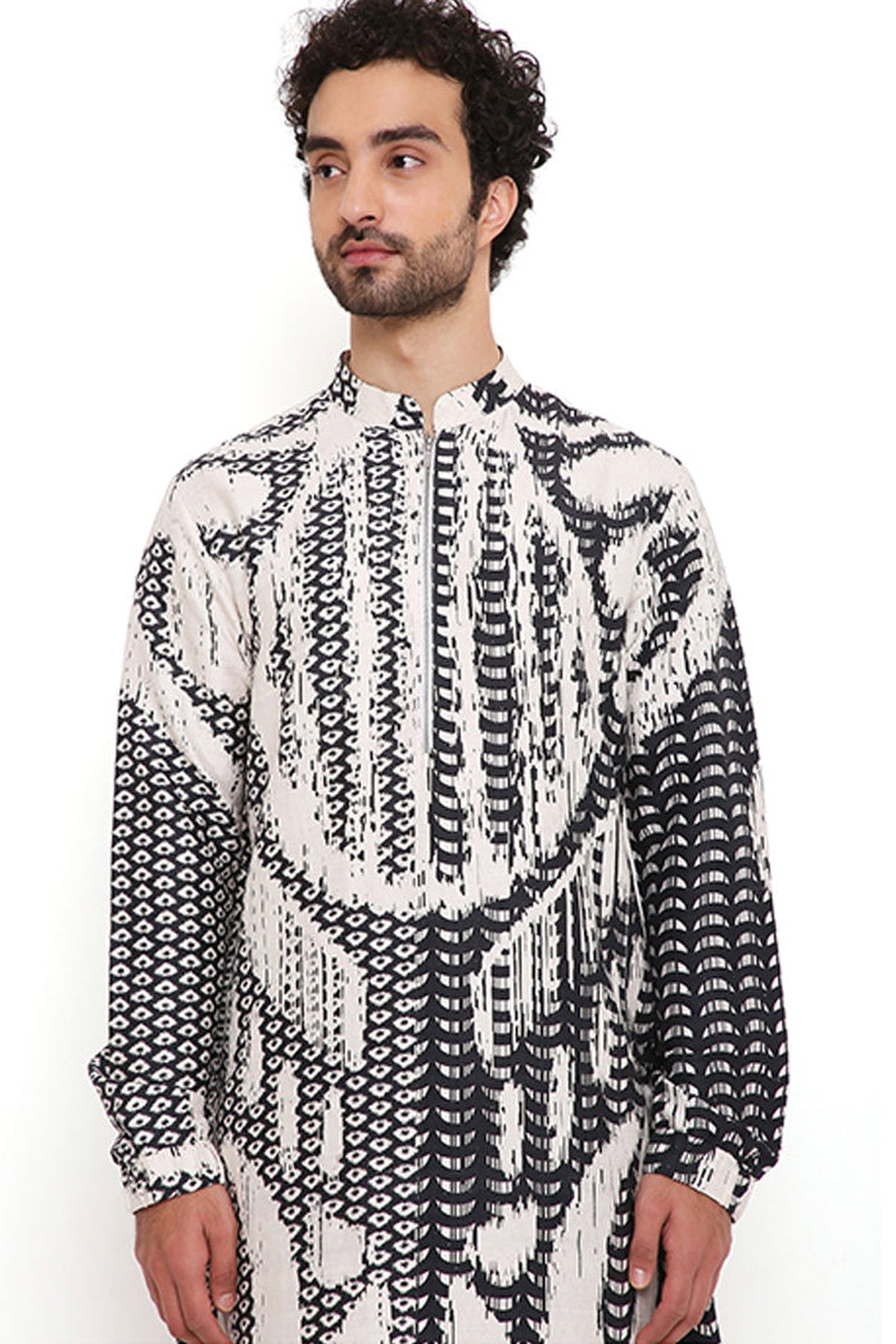 BLACK AND WHITE UZBEC PRINT DUPION SILK BOMBER KURTA WITH JOGGER PANT