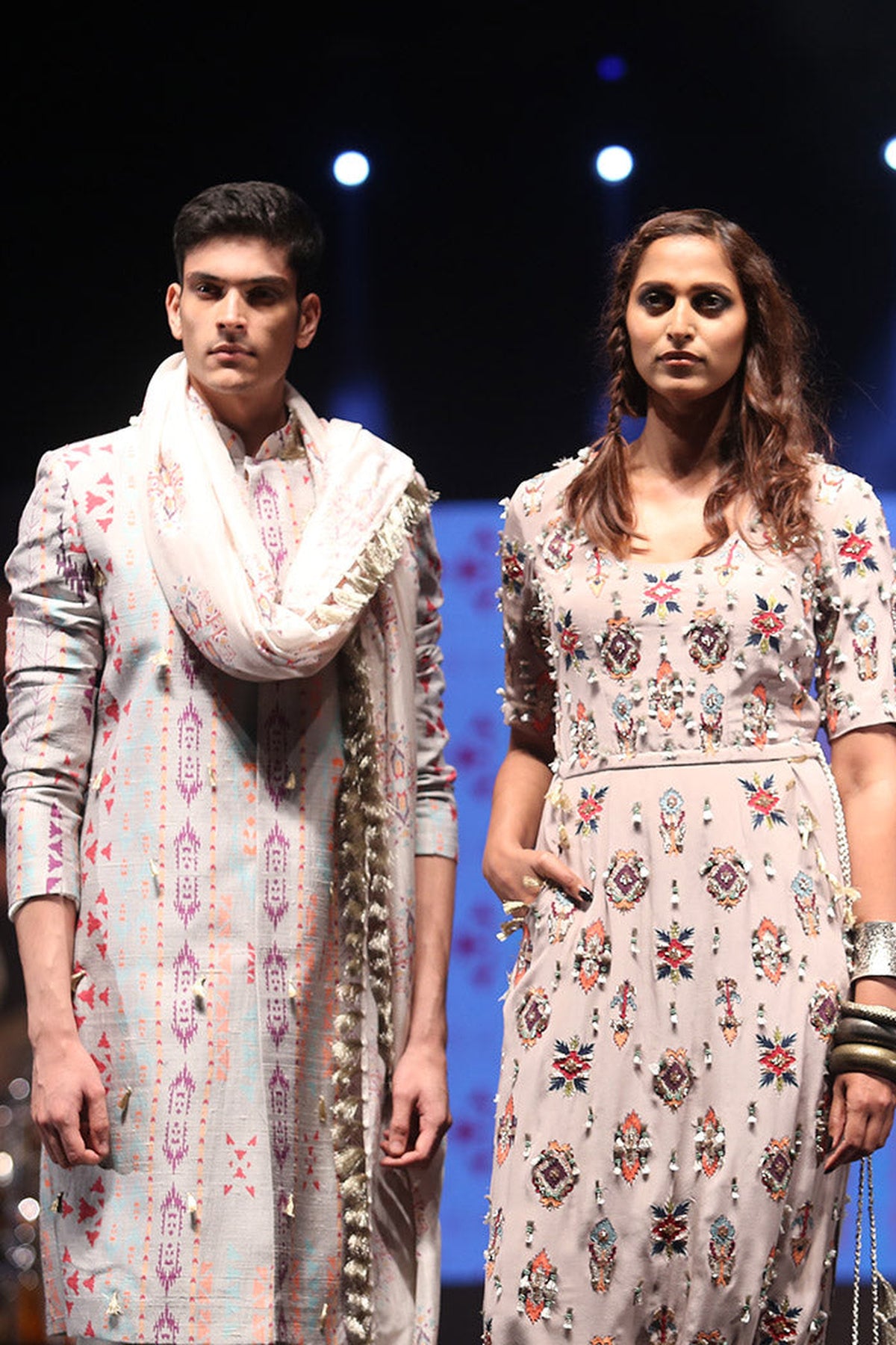 SHAHAB GREY PRINTED DUPION SILK SHERWANI WITH OFF-WHITE COTTON SILK CHURIDAR AND CREAM IKAT BUTTI SILKMUL DUPATTA
