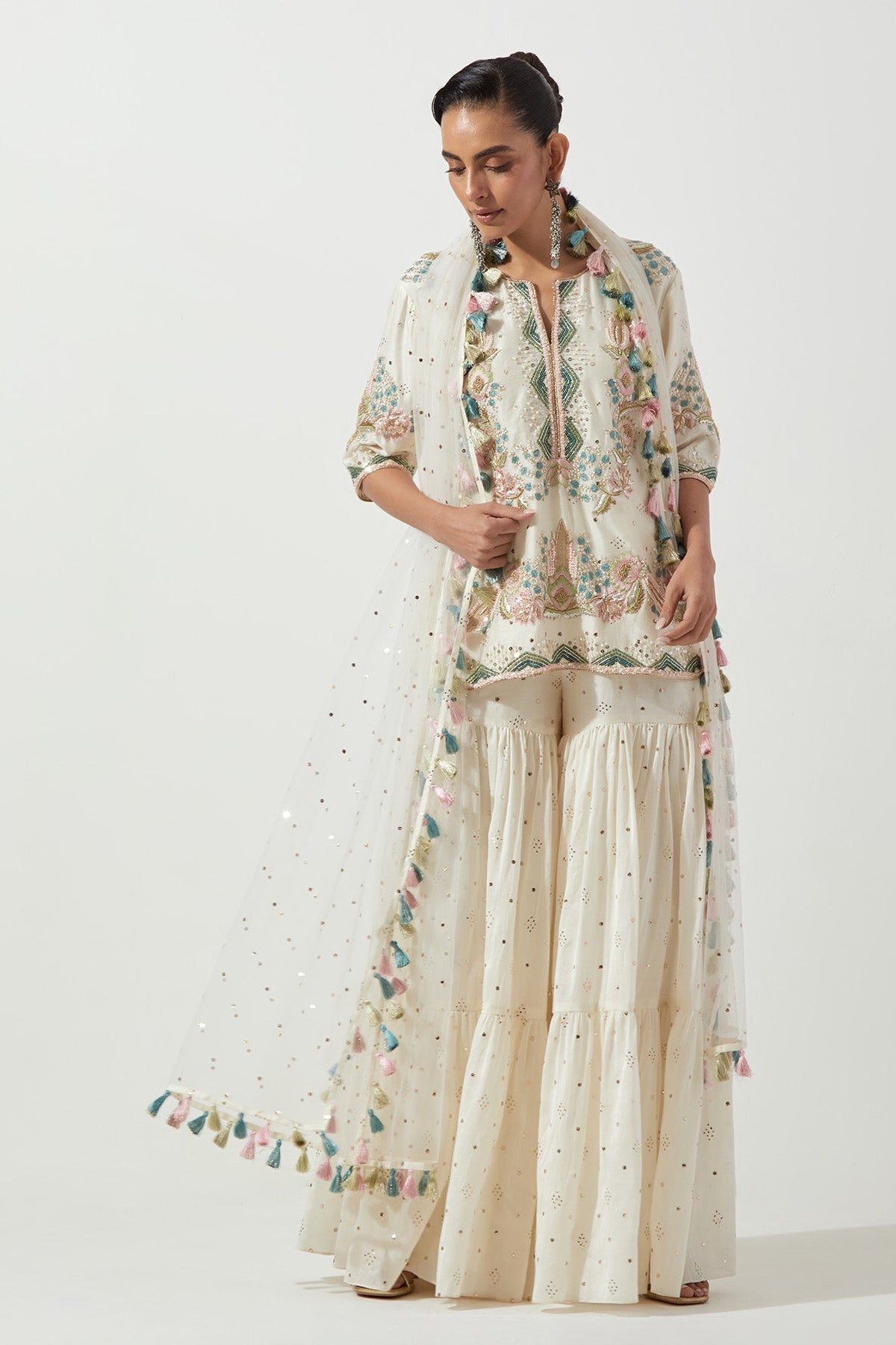 Off-White Embroidered Kurta And Frill Sharara With Net Dupatta