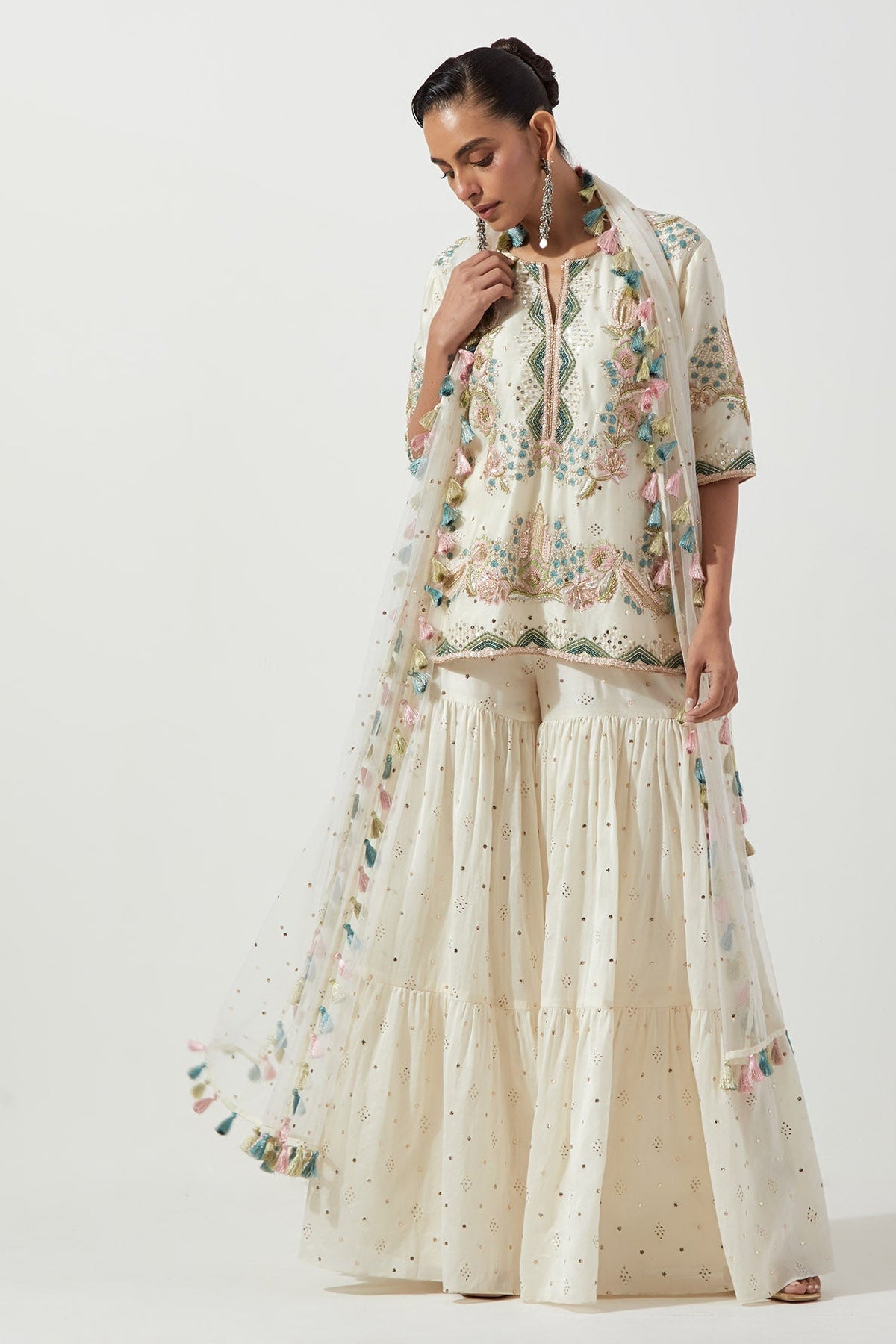Off-White Embroidered Kurta And Frill Sharara With Net Dupatta