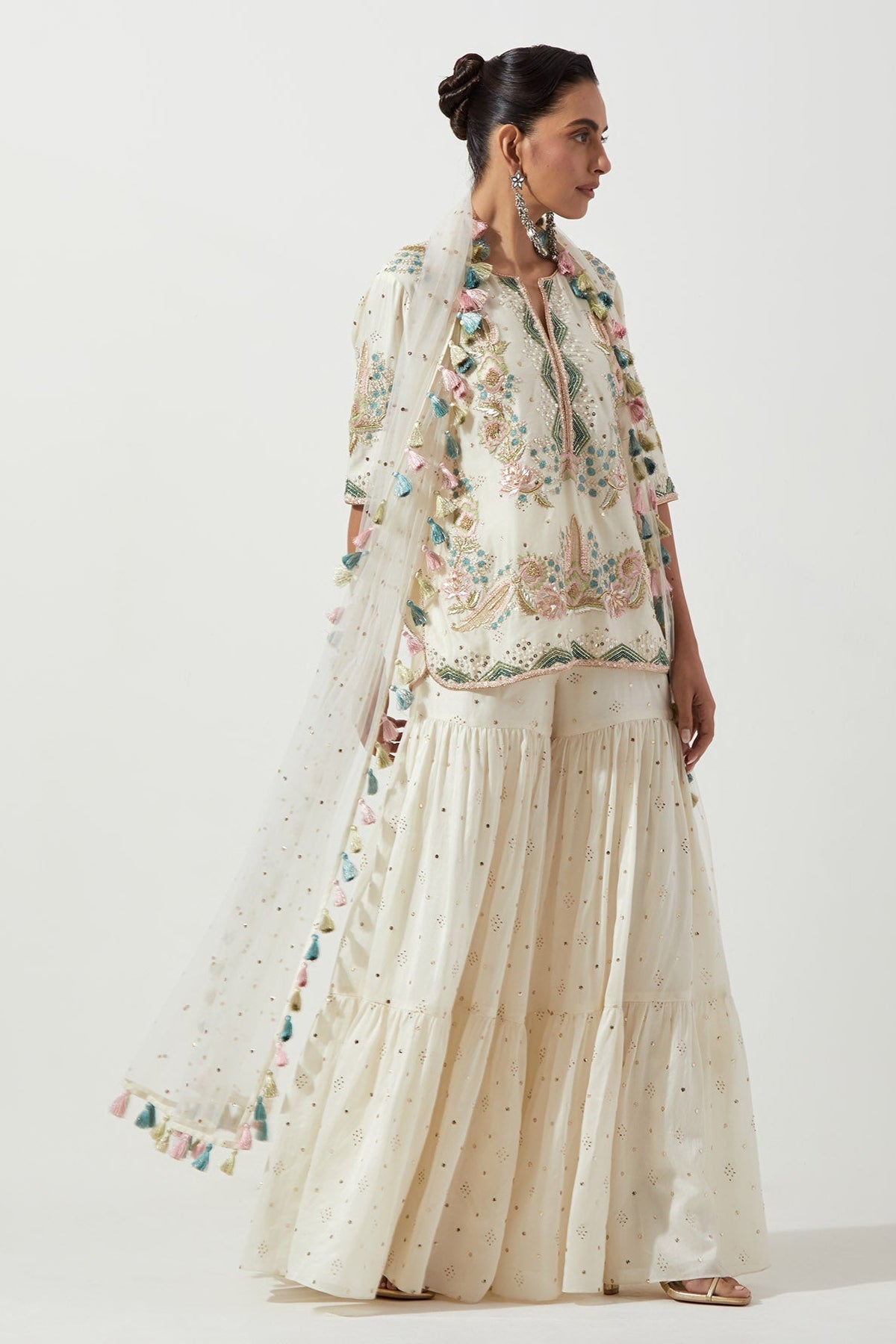 Off-White Embroidered Kurta And Frill Sharara With Net Dupatta