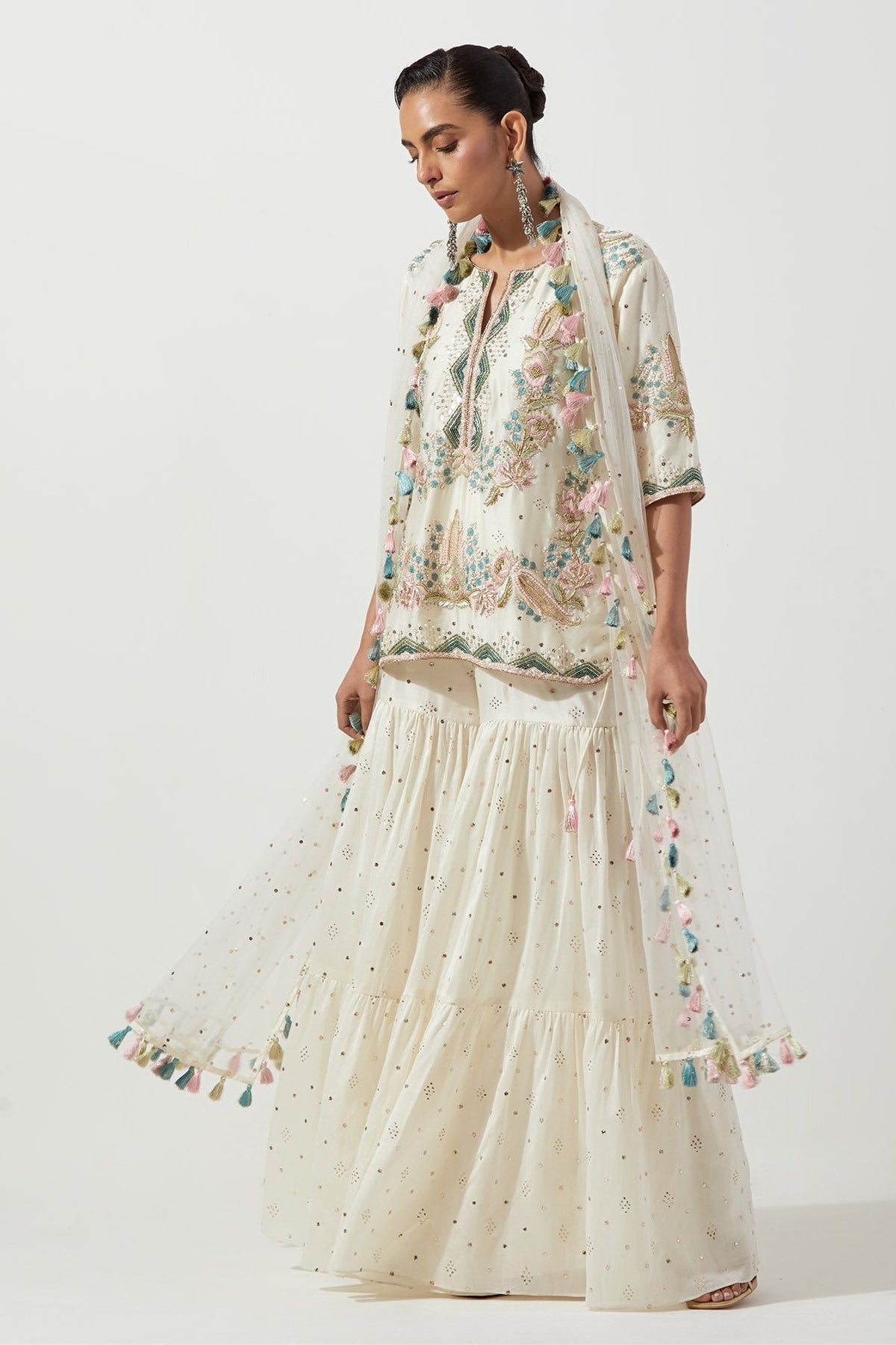 Off-White Embroidered Kurta And Frill Sharara With Net Dupatta