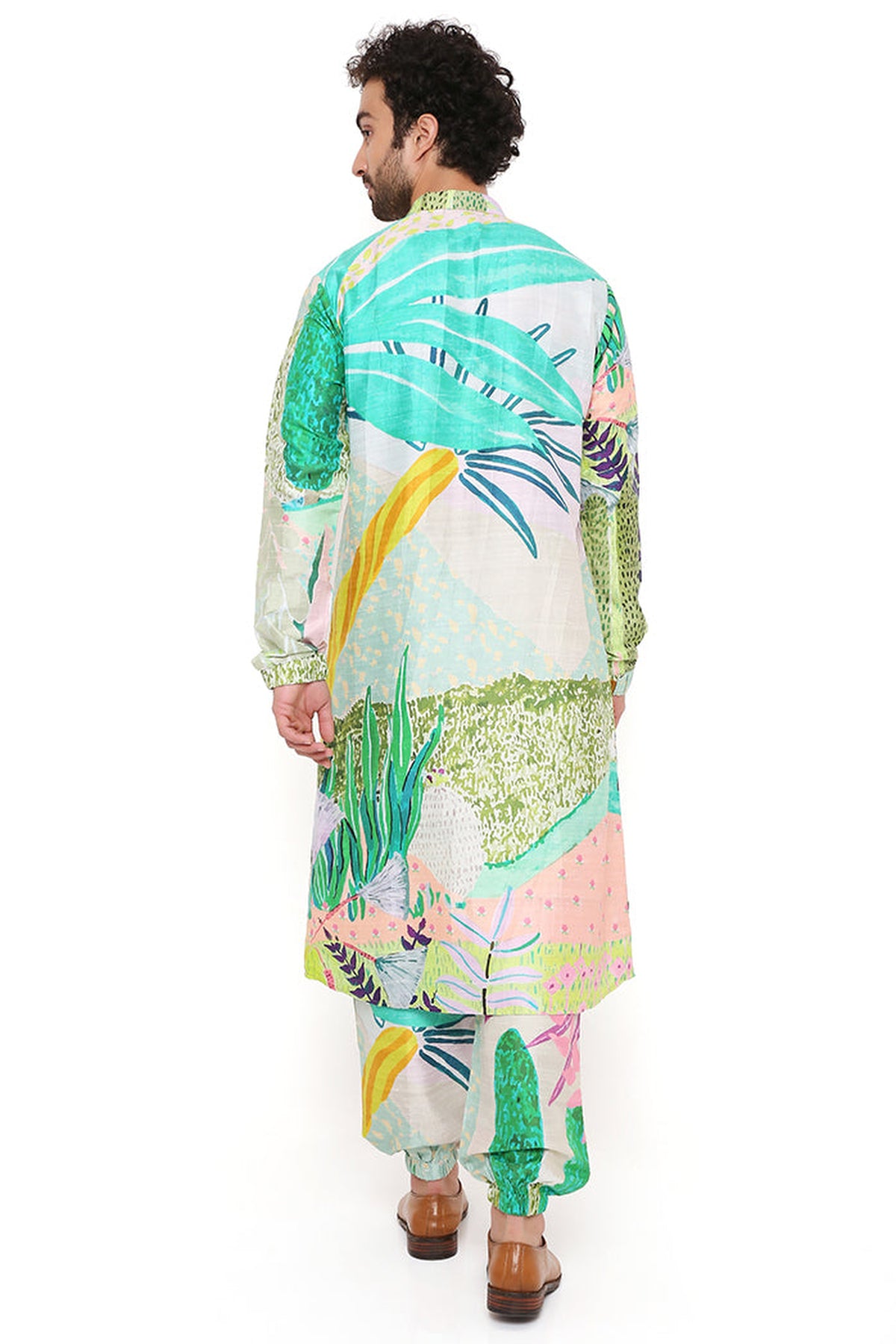 WANDERLUST TROPICAL PRINT DUPION SILK BOMBER KURTA WITH JOGGER PANT