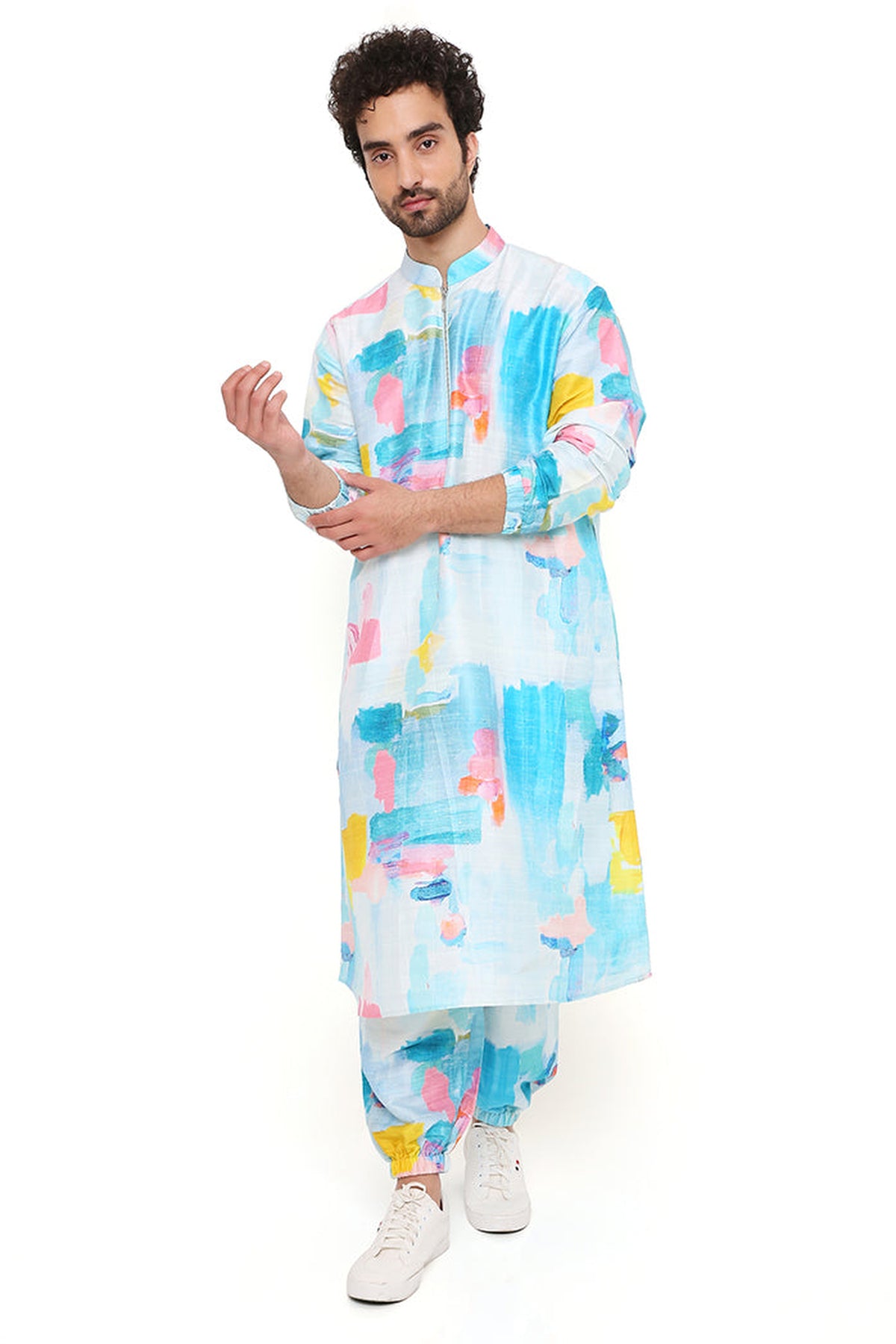 PAINTERLY PRINT DUPION SILK BOMBER KURTA WITH JOGGER PANT