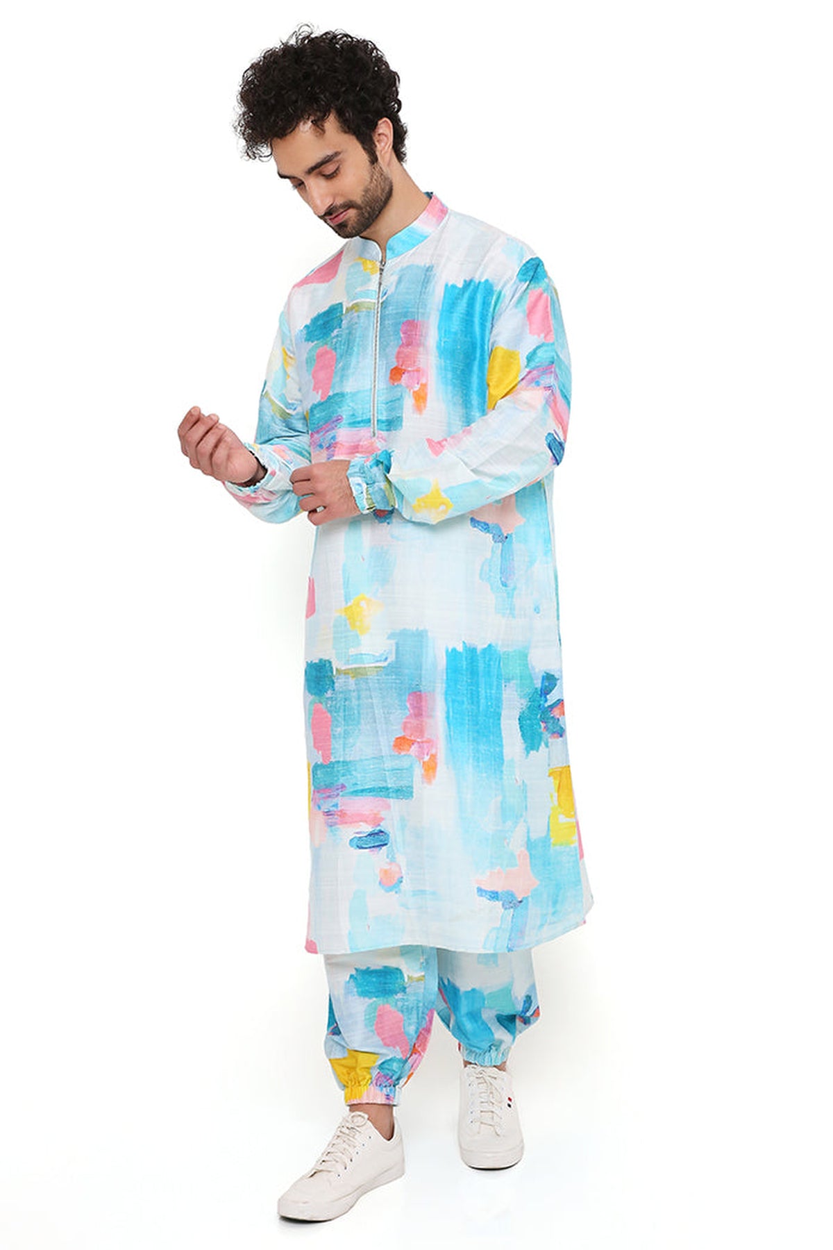 PAINTERLY PRINT DUPION SILK BOMBER KURTA WITH JOGGER PANT