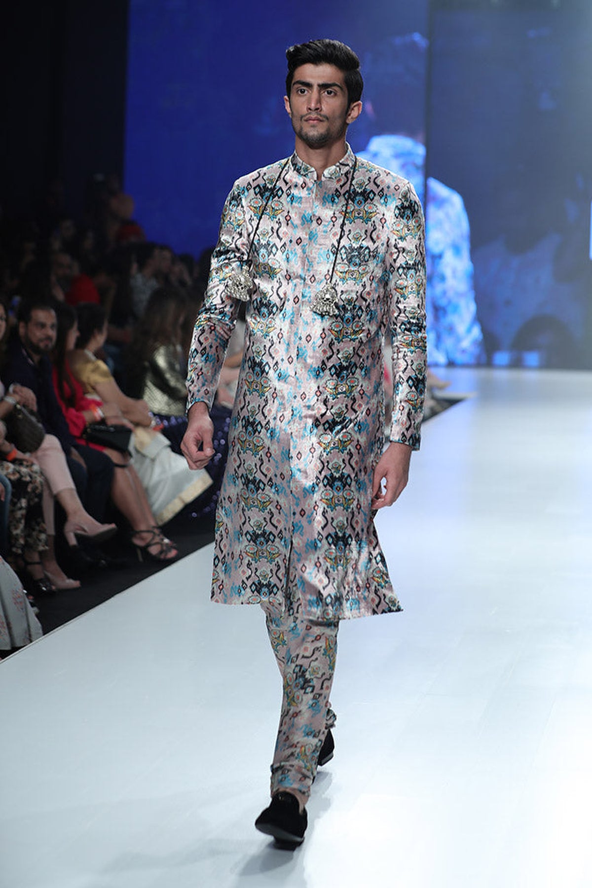AZAM PINK PRINTED VELVET SHERWANI WITH SILKMUL CHURIDAR