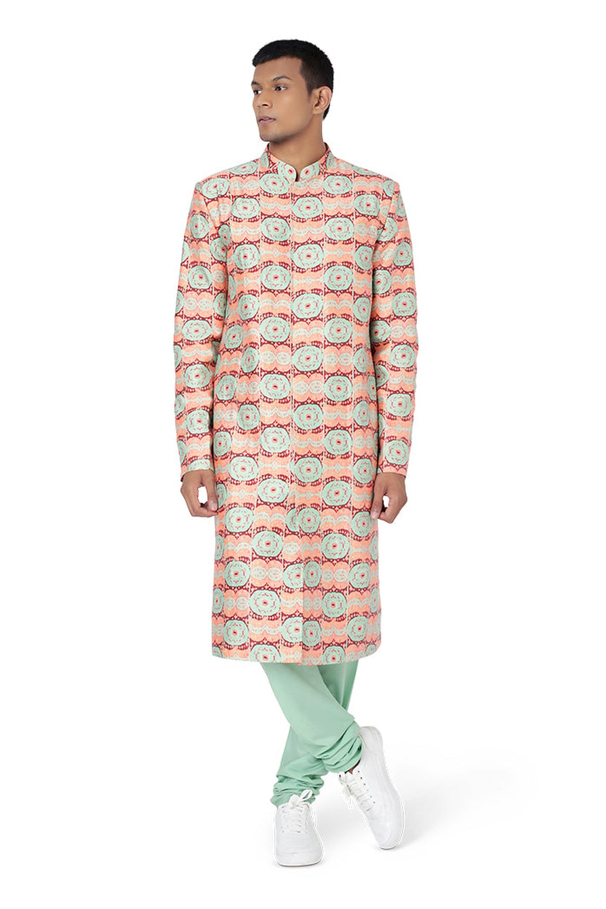 CORAL COLOUR PRINTED DUPION SILK SHERWANI AND MINT COLOUR COTTON SILK CHURIDAR