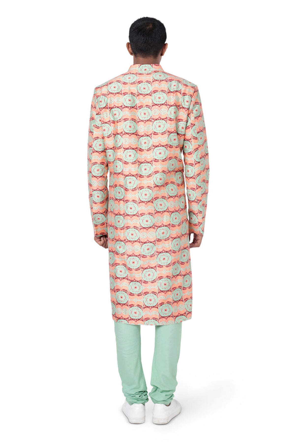 CORAL COLOUR PRINTED DUPION SILK SHERWANI AND MINT COLOUR COTTON SILK CHURIDAR