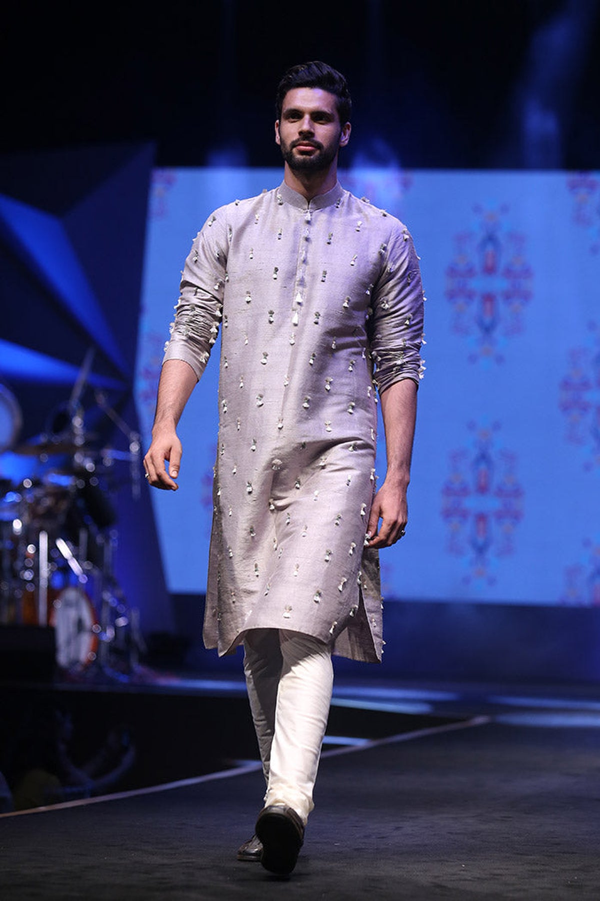 ARSALAN GREY DUPION SILK KURTA WITH OFF-WHITE COTTON SILK CHURIDAR