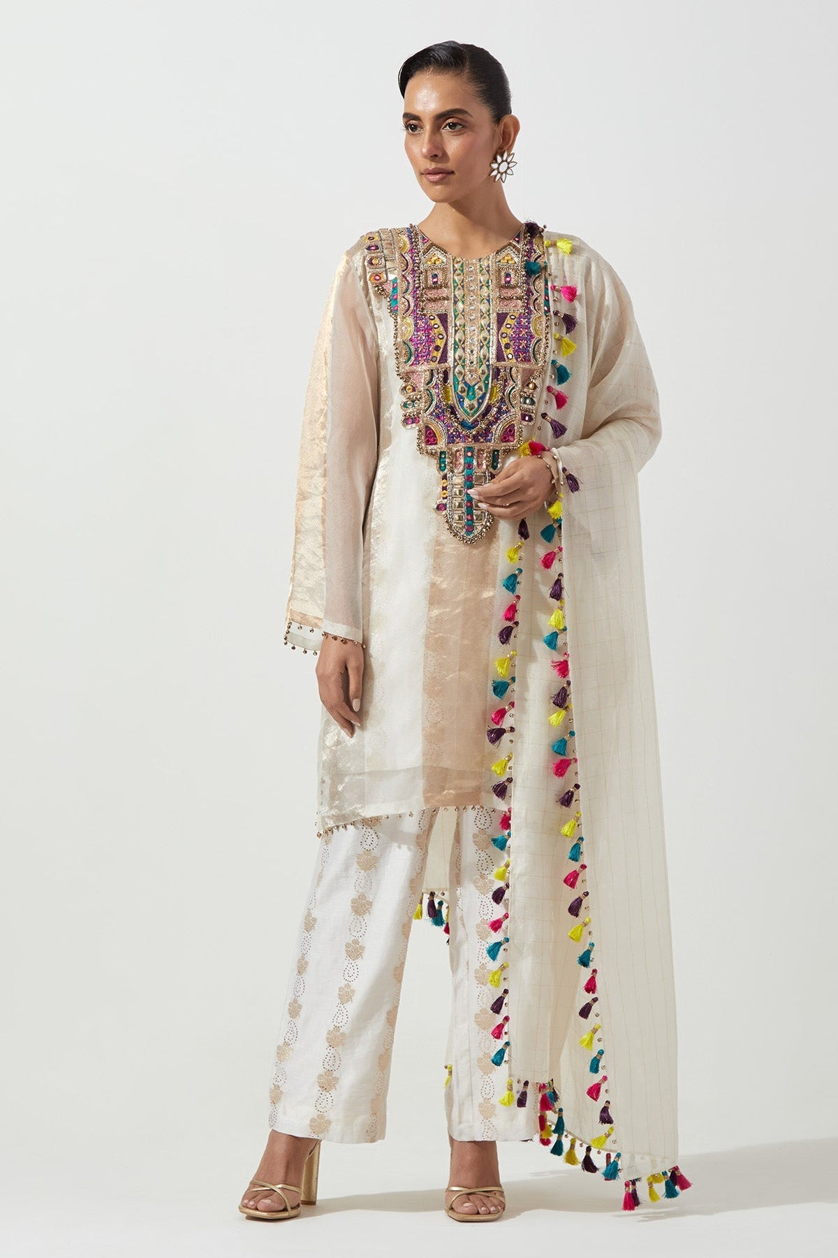 Off-White Embroidered Kurta With Straight Pant And Dupatta