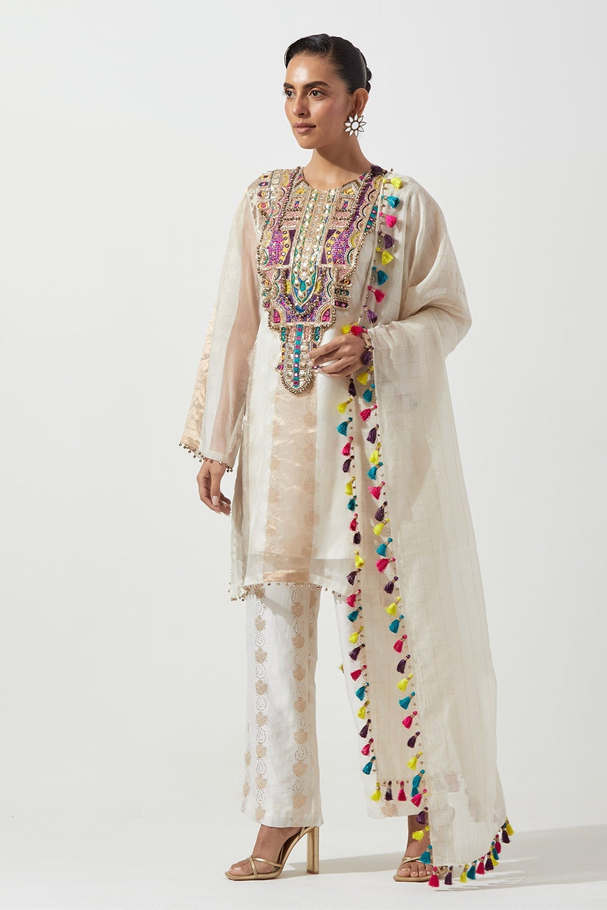 Off-White Embroidered Kurta With Straight Pant And Dupatta