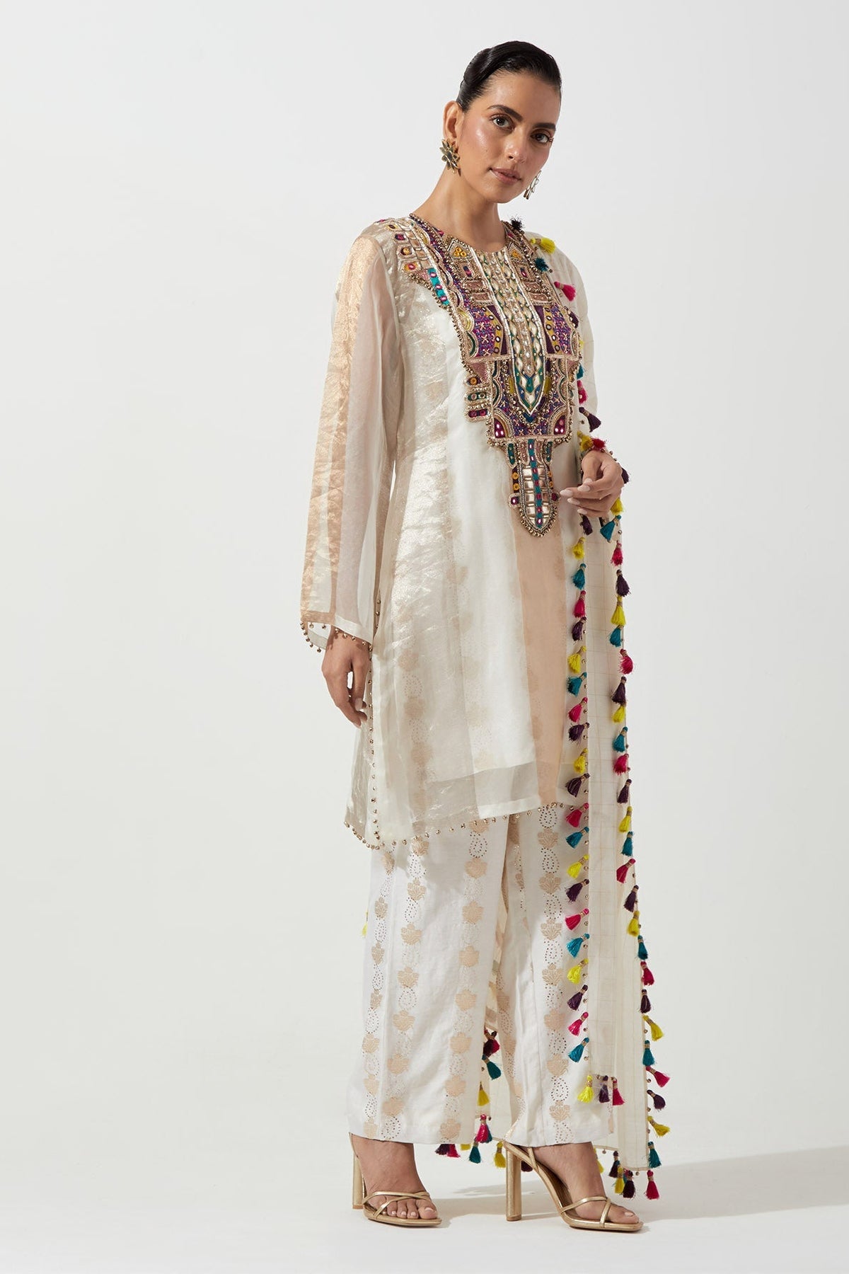 Off-White Embroidered Kurta With Straight Pant And Dupatta
