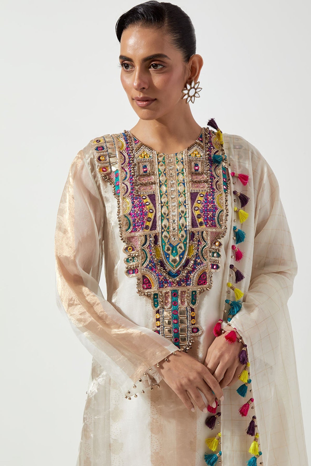 Off-White Embroidered Kurta With Straight Pant And Dupatta